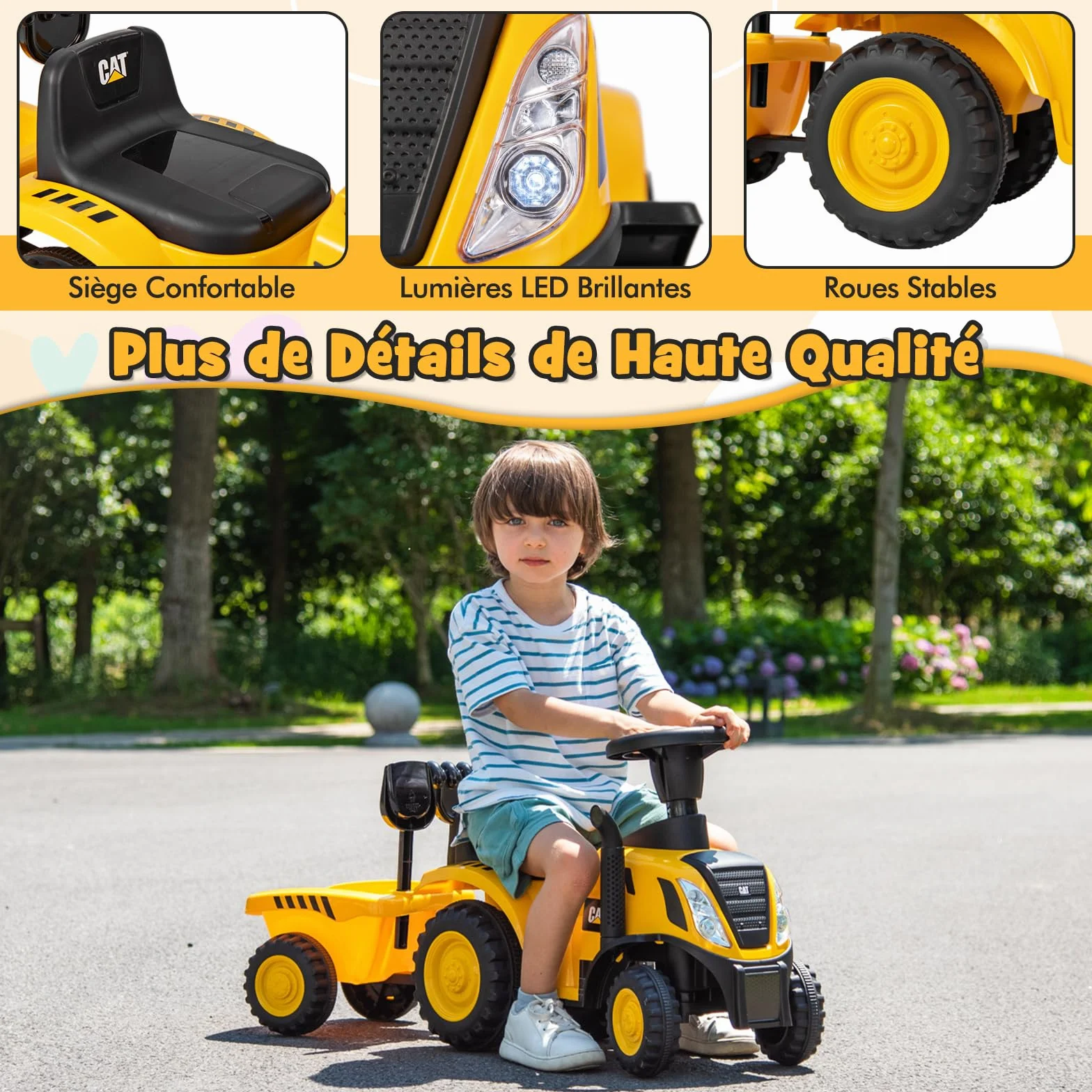 COSTWAY Caterpillar Porteur Tracteur Enfants avec Remorque Amovible & Pelle & Râteau, Voiture Enfants à 6 Pneus avec Lumière LED & Musique & Klaxon, Charge 25kg pour Enfants de 1,5-3 Ans