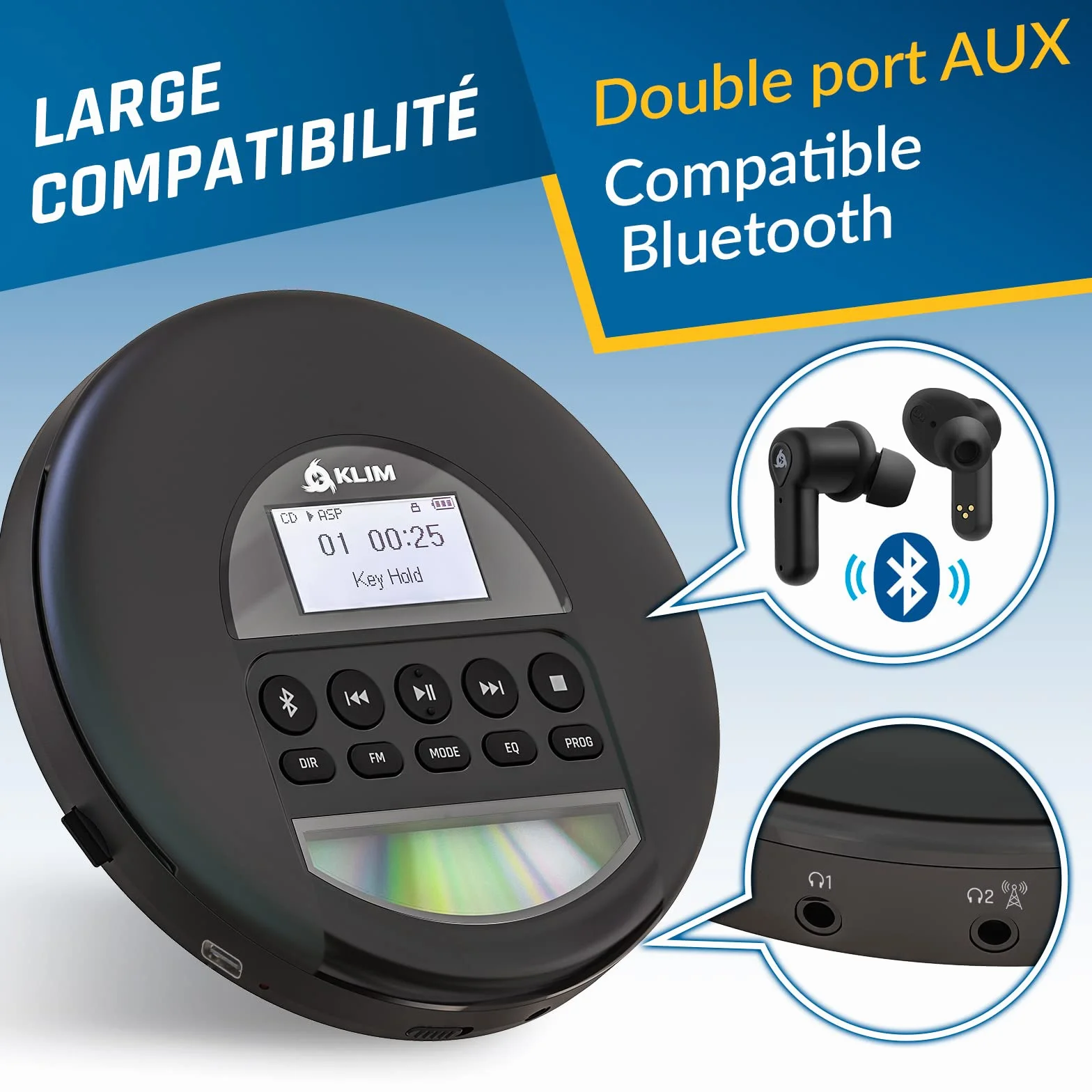 KLIM Nomad Lecteur CD Portable Bluetooth avec Batterie Intégrée Longue Durée - Compatible CD-R, CD-RW, MP3 - Noir