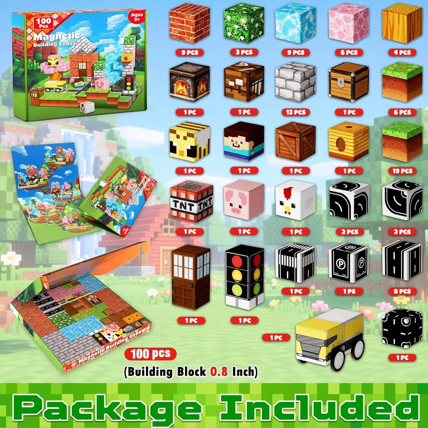 GraceDuck Bloc Construction Magnétique 100 Pièces Prairies et Routes Jouet Montessori Enfant 3-9 Ans