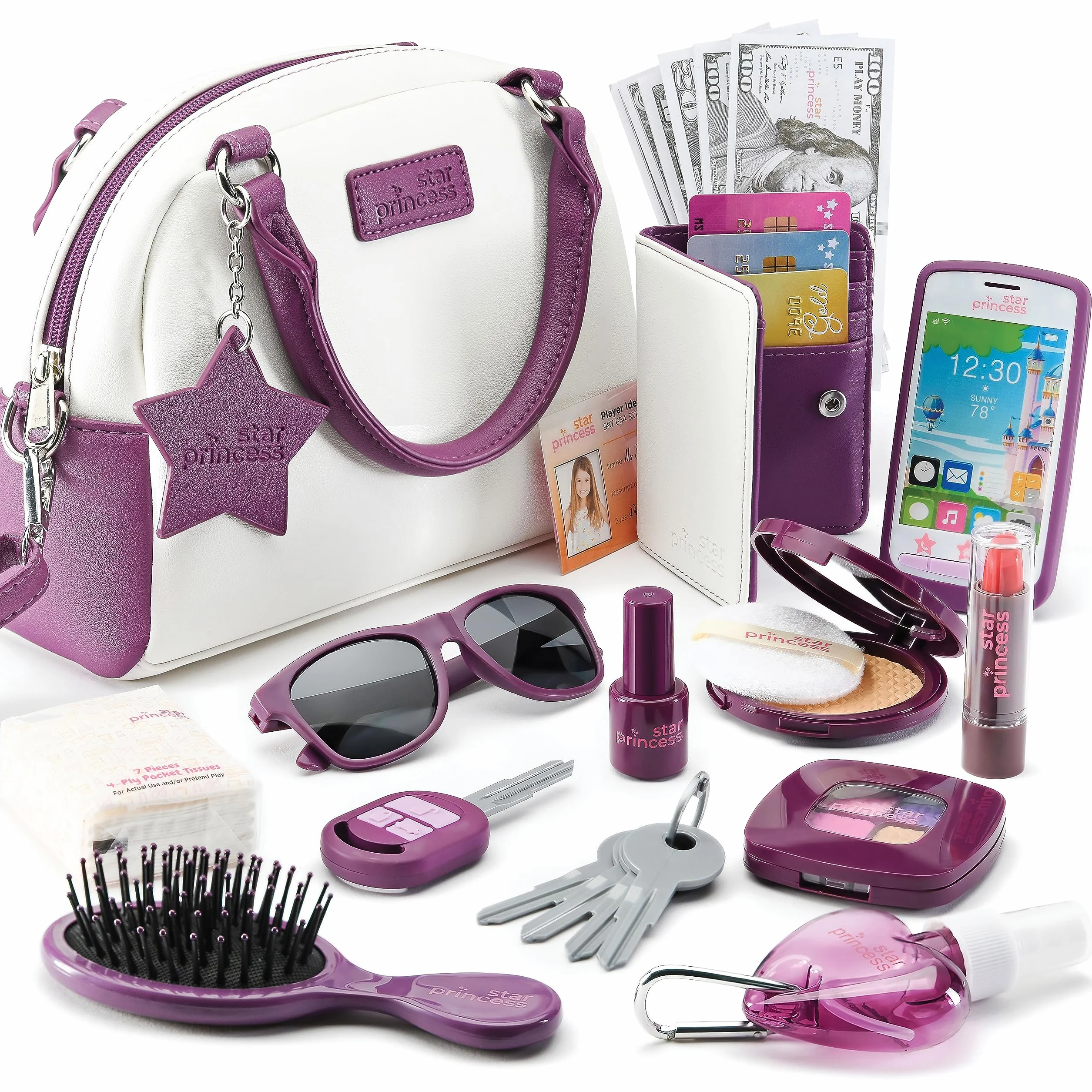 Sac à Main pour Tout-Petits Filles avec Accessoires - Mon Premier Sac à Main Comprend Un Sac à Main, Un téléphone, Un Portefeuille, Trousse de Maquillage et Jouets de Simulation pour Enfants