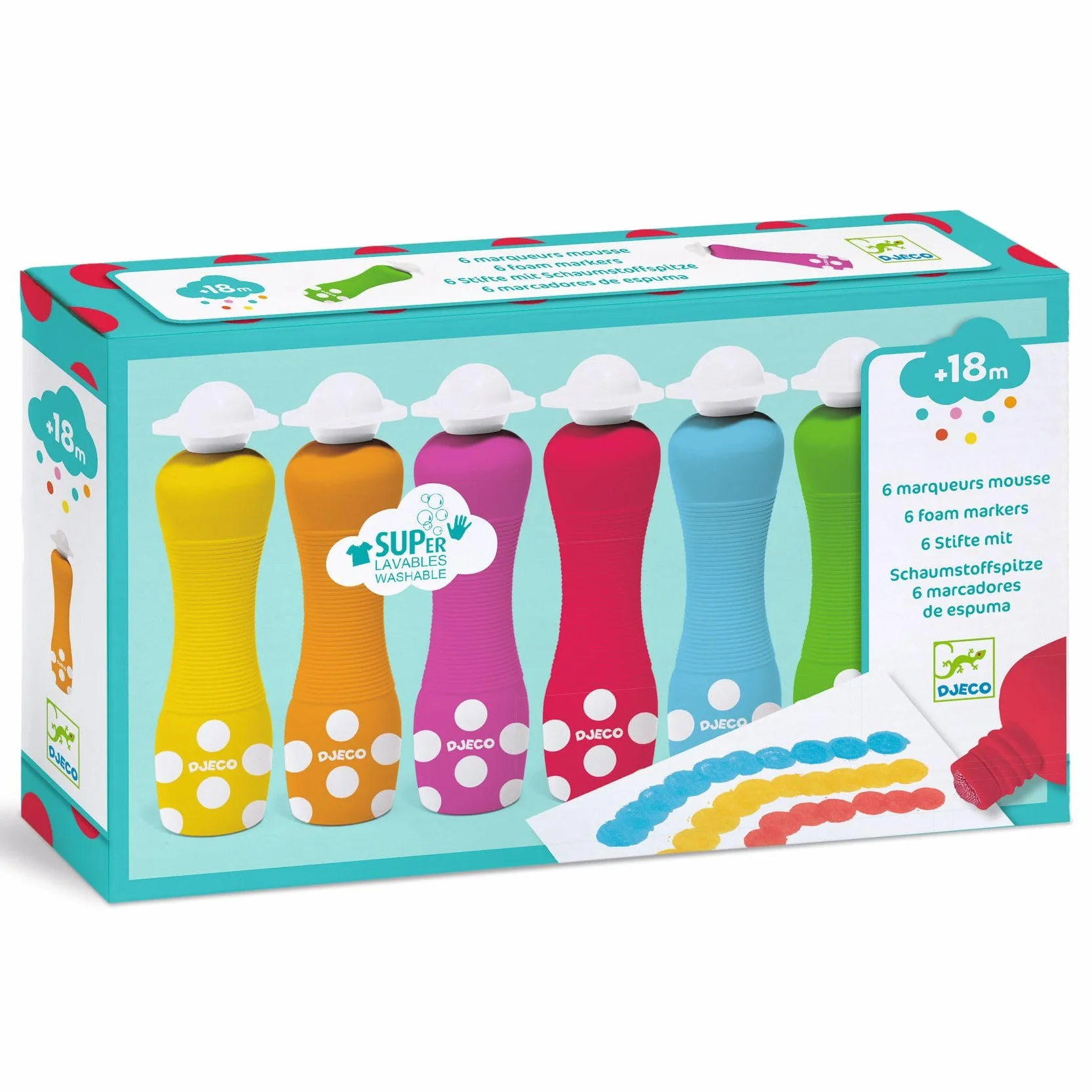 DJECO Lot de 6 Marqueurs en Mousse Dessins Vibrants Encre Lavable