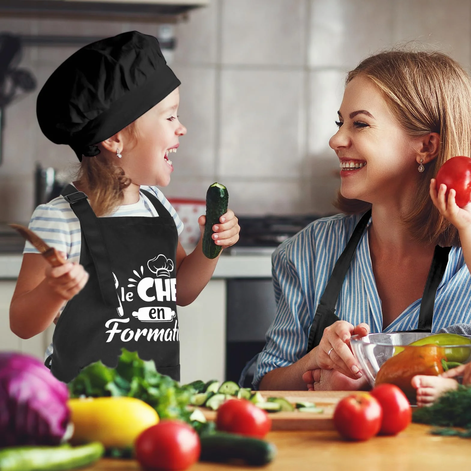 Tablier Cuisine Enfant Imperméable Réglable avec Poche pour Garçon Fille