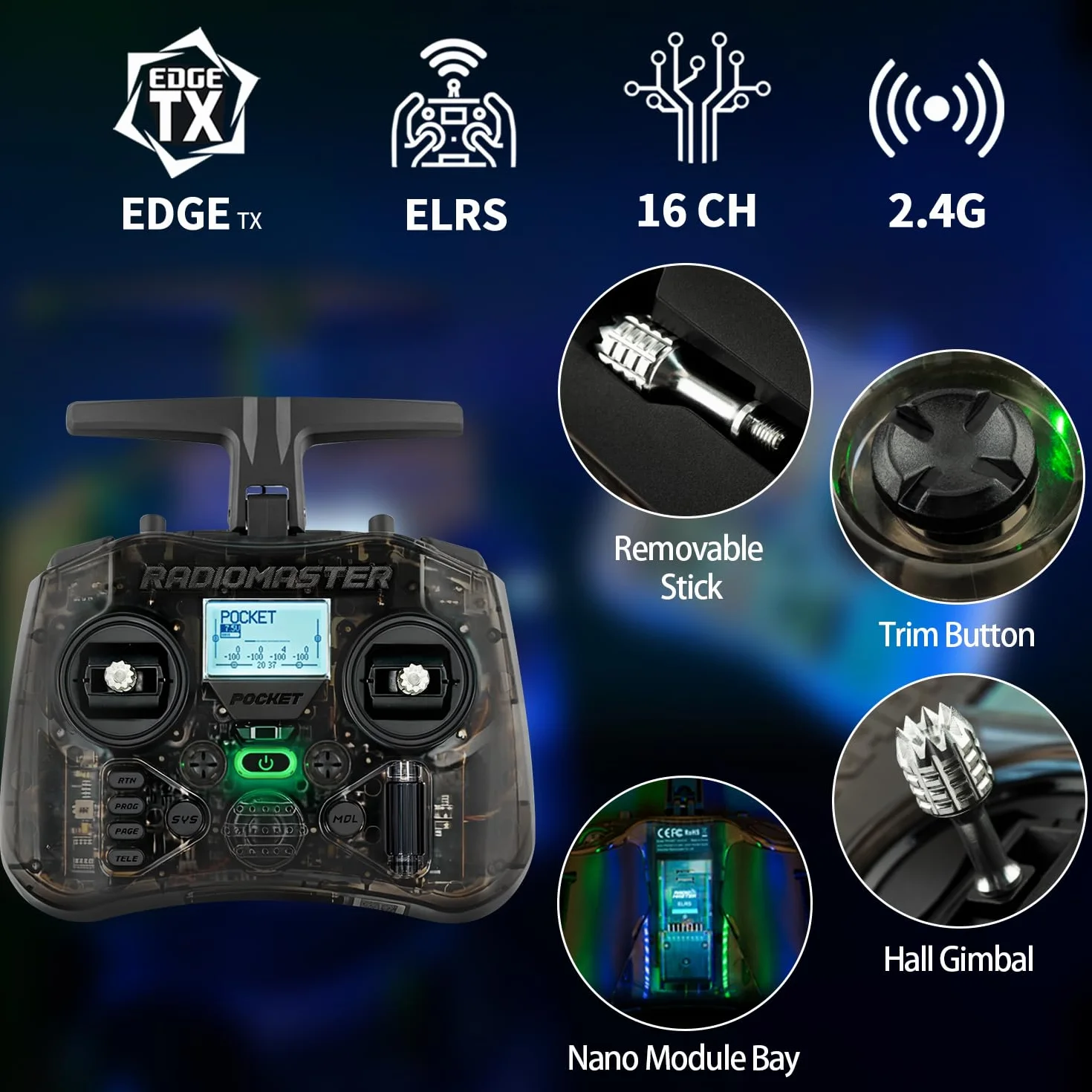 Radiomaster Émetteur Pocket Hall Gimbal, Télécommande ELRS Portable et Légère avec Éclairage LED Intégré, Antenne Pliable, Mode 2 (Charbon)