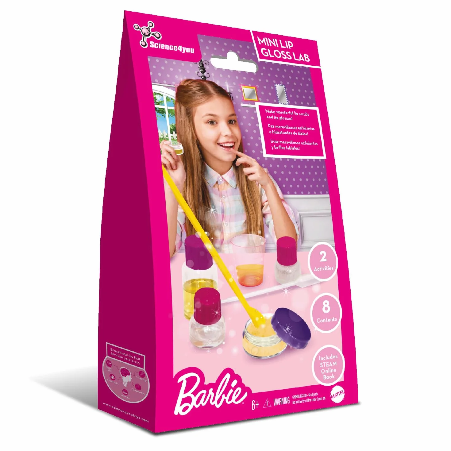 Science4you Barbie Mini Kit de Brillant à Lèvres – Fabriquez vos Propres Gloss et Gommage, 8 Contenus de Beauté pour Enfants, Cadeau Original Filles 6+