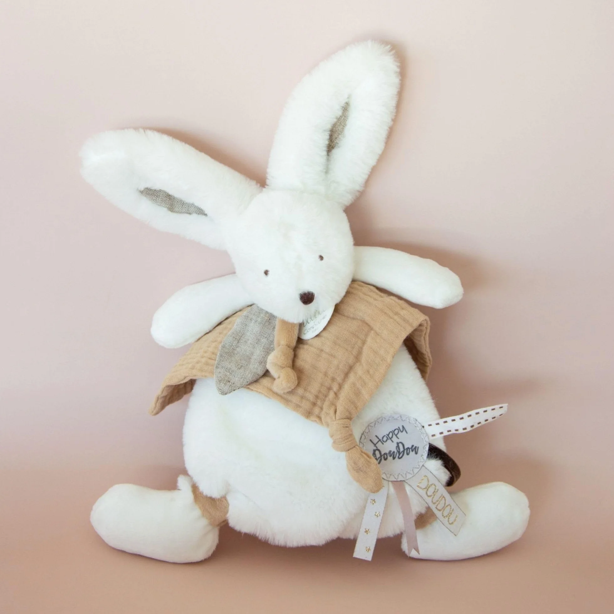 Doudou et Compagnie Doudou Plat Lapin Blanc et Beige Happy Wild 25 Cm Boite Cadeau DC3740