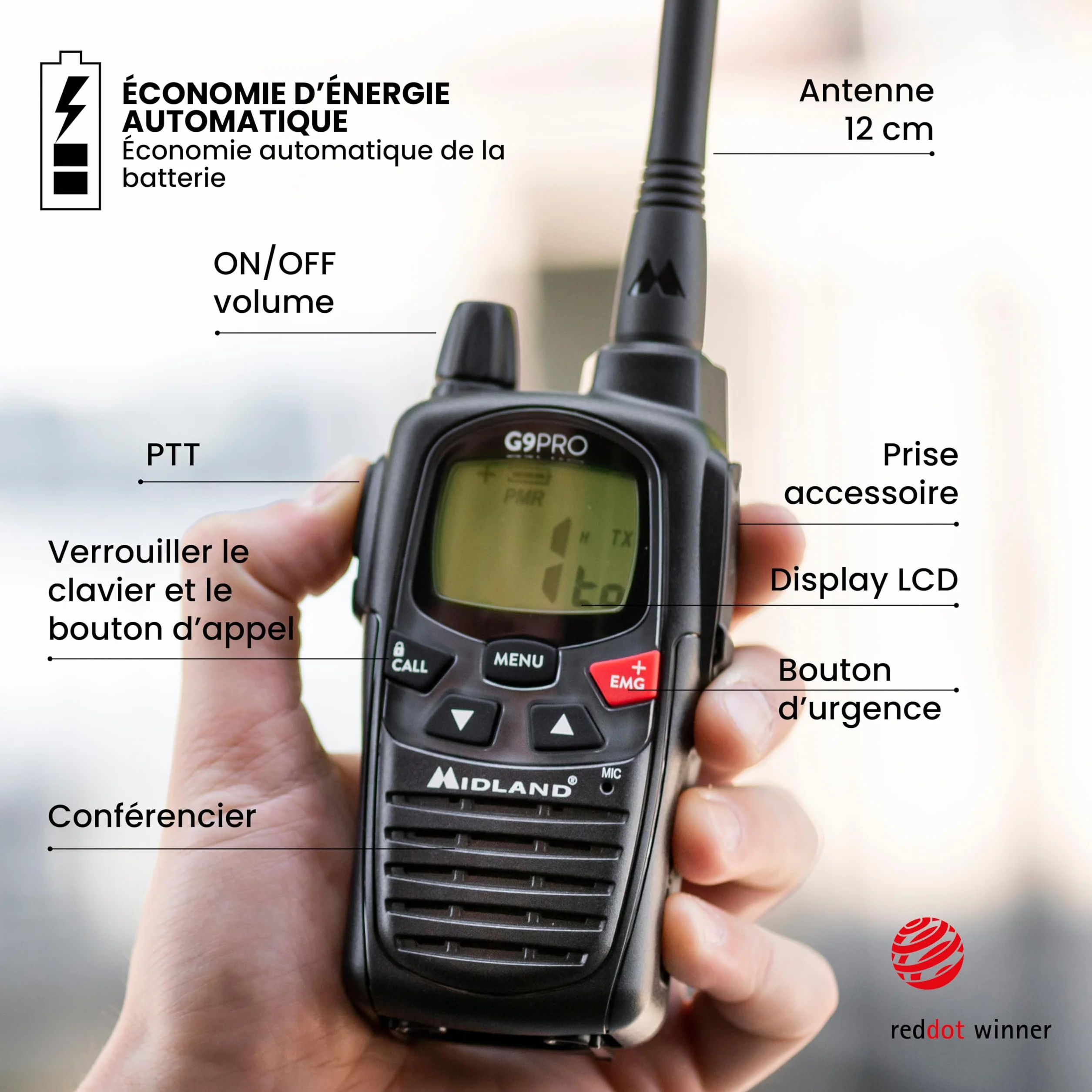 Midland G9 PRO Talkie Walkie Longue Portée 12Km Professionnel IPX4 Étanche 103 Canaux PMR446 LPD Autonomie 23H