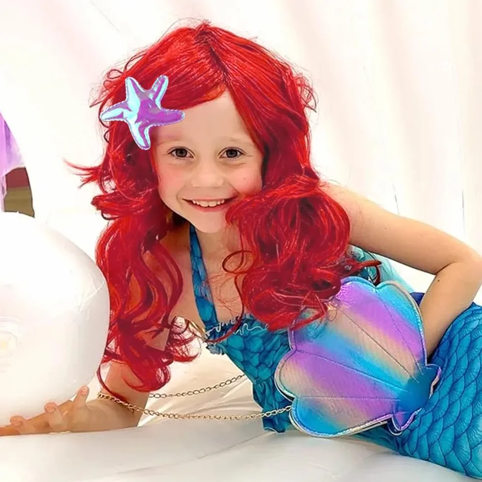 Perruque Sirène Enfant Ariel Rouge Longue Bouclée Costume Carnaval Fête Thème Cosplay