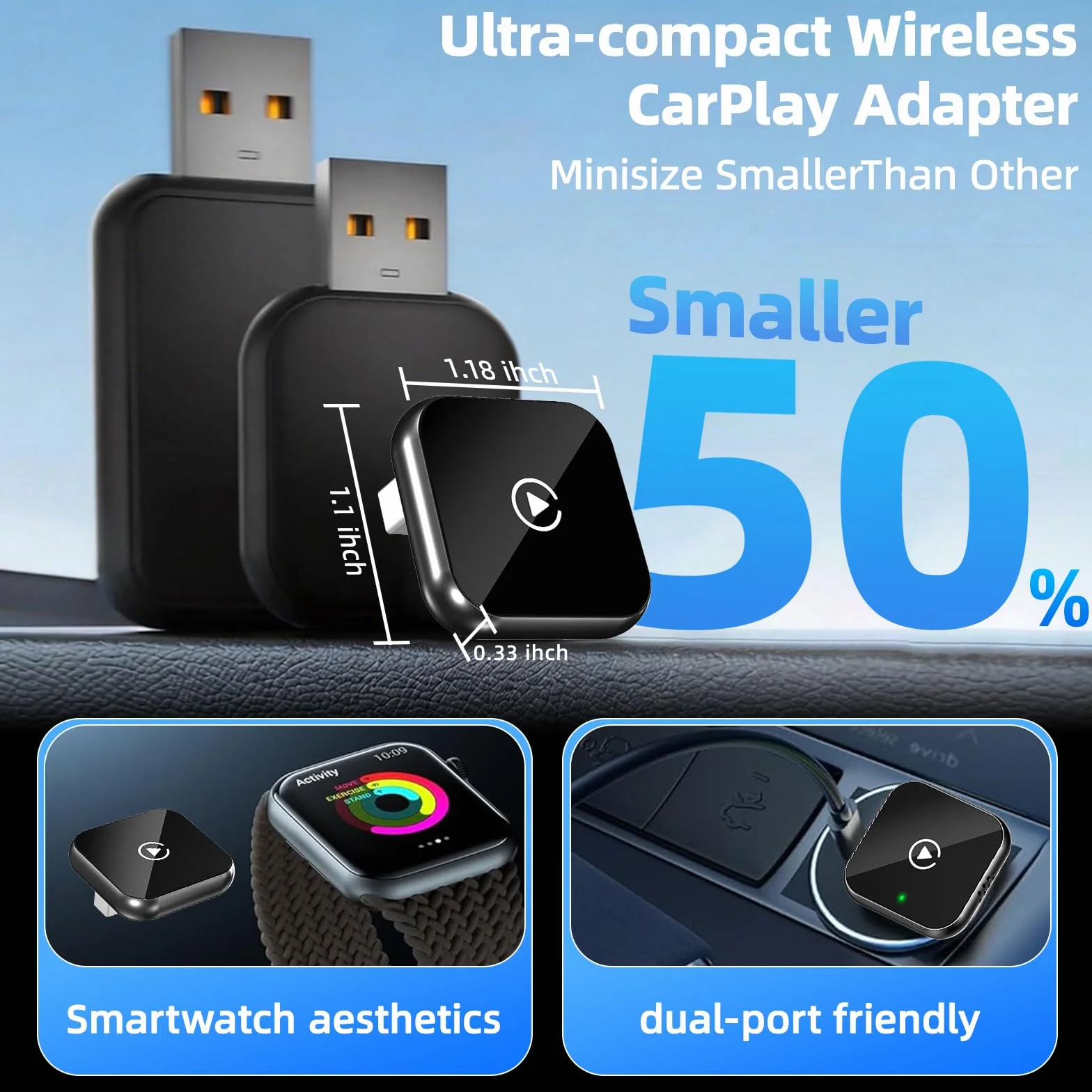 Adaptateur CarPlay sans fil Puce quadricœur 5G sans Latence Compatible Véhicules Après 2016
