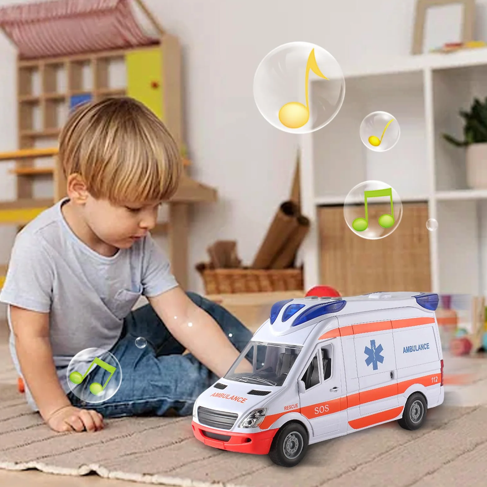 Jouet d'ambulance Pp véhicule de sauvetage d'urgence avec civière panneau arrière ouvrant lumières sons