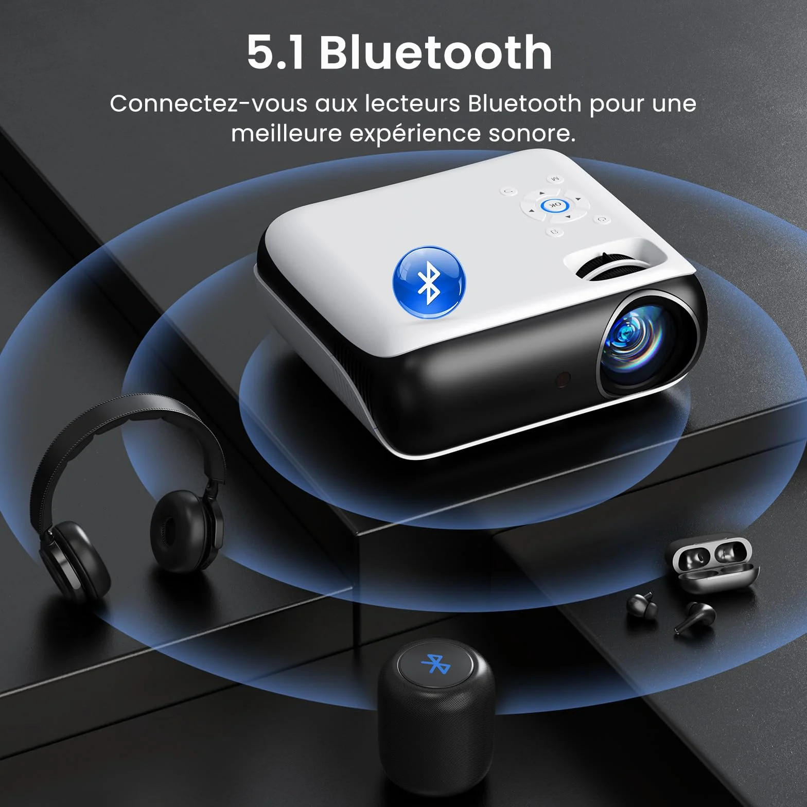 HAPPRUN H1 Projecteur Bluetooth 1080P Full HD Vidéoprojecteur Portable avec Haut-Parleur Intégré