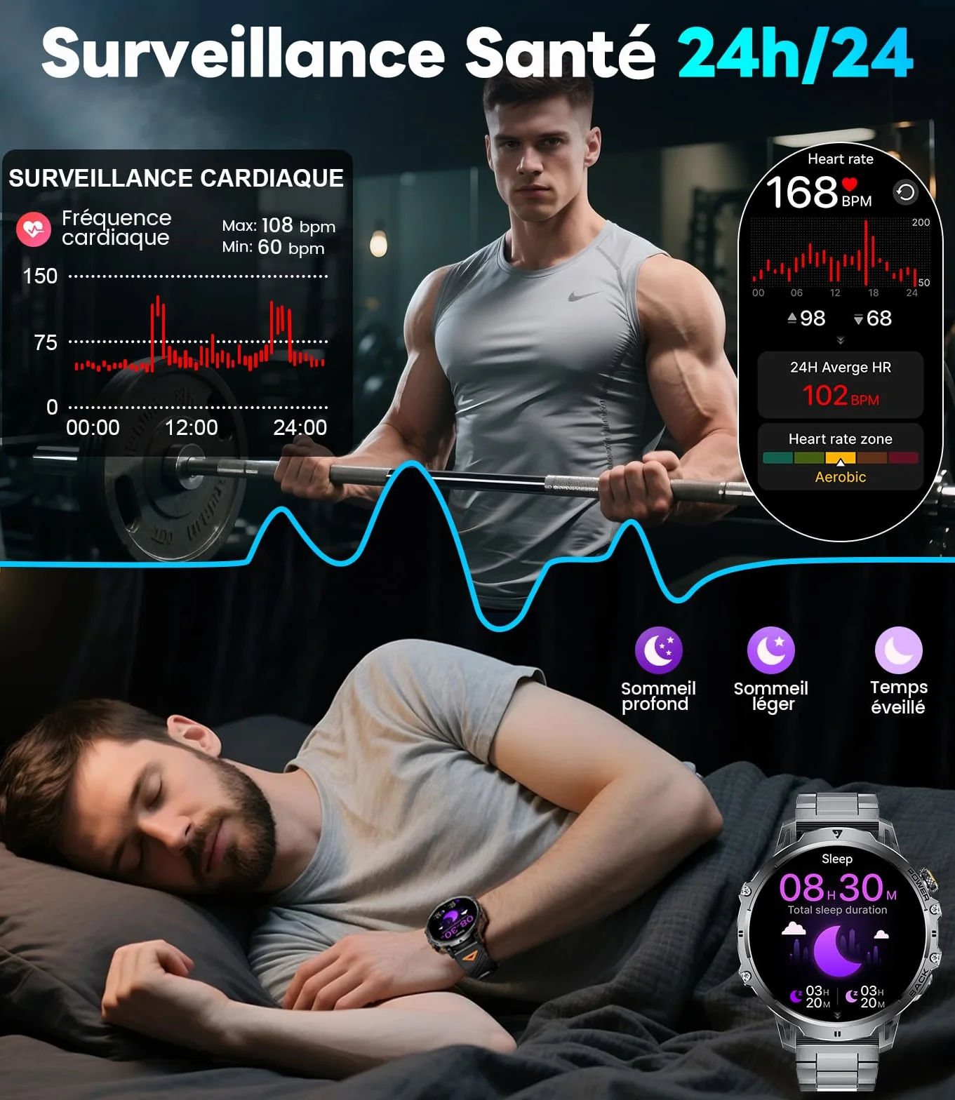 LIGE Montre Connectée Homme 1,85" HD Grand Écran LED Lampe Smartwatch Moniteur Fréquence Cardiaque Sommeil 110+ Modes Sportifs IP68 Étanche Noir