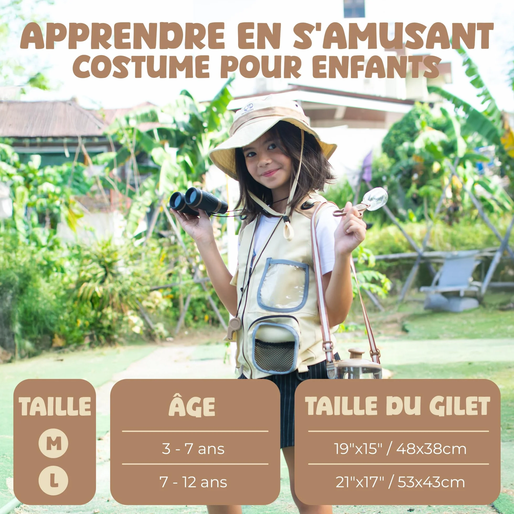 Kit Exploration Enfant Gilet Safari Chapeau Jumelles Boussole - Déguisement Aventurier Cadeau Garçons Filles 3-7
