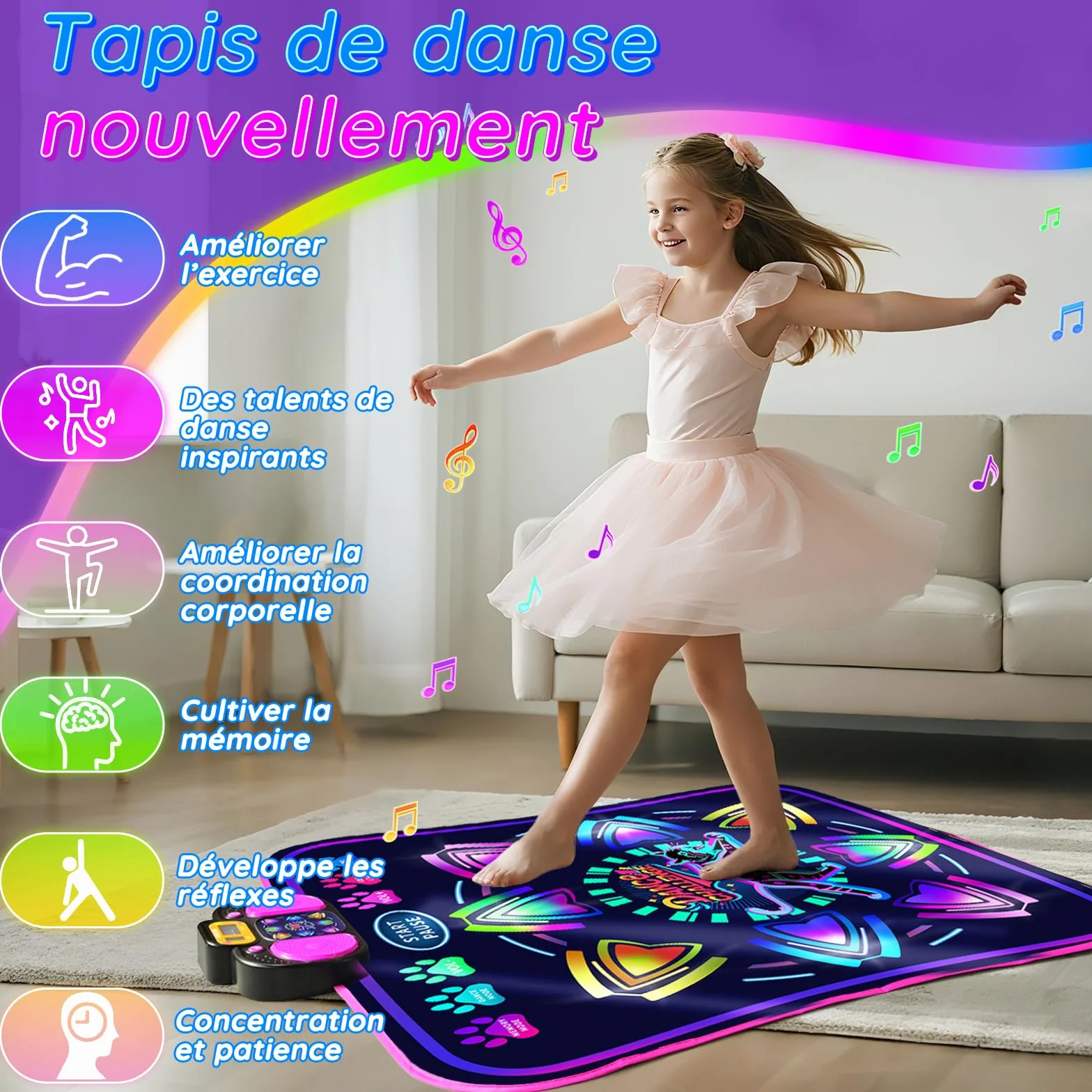 MOMUSE Tapis de Danse pour Enfants 3-8 Ans, Tapis Musical LED, 2 Modes, 9 Niveaux, Cadeau Noël Garçons Filles