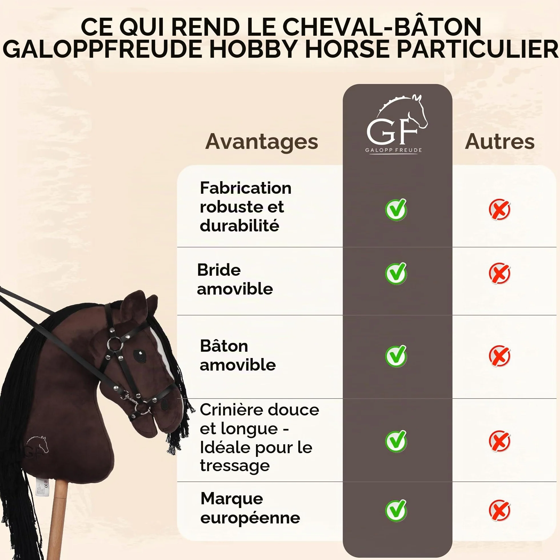 GaloppFreude Hobby Horse Grand cheval A3 avec tige de vis et bride - Cheval à cheval pour enfants avec crinière longue