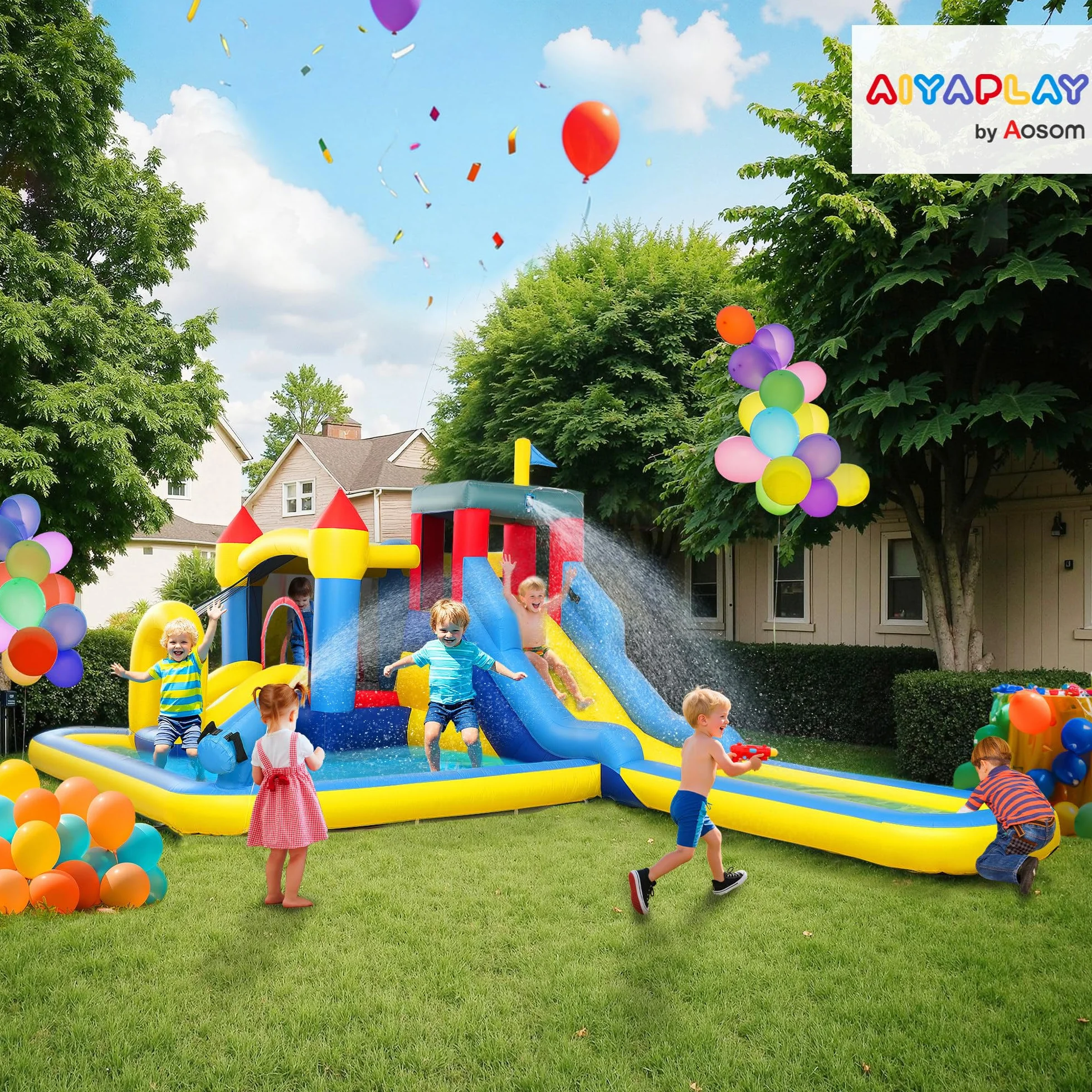AIYAPLAY Château Gonflable 6 en 1 Parc Aquatique avec Toboggans, Trampoline, Mur d'escalade, Canon, Panier de Basket, pour 4 Enfants 3-8 Ans