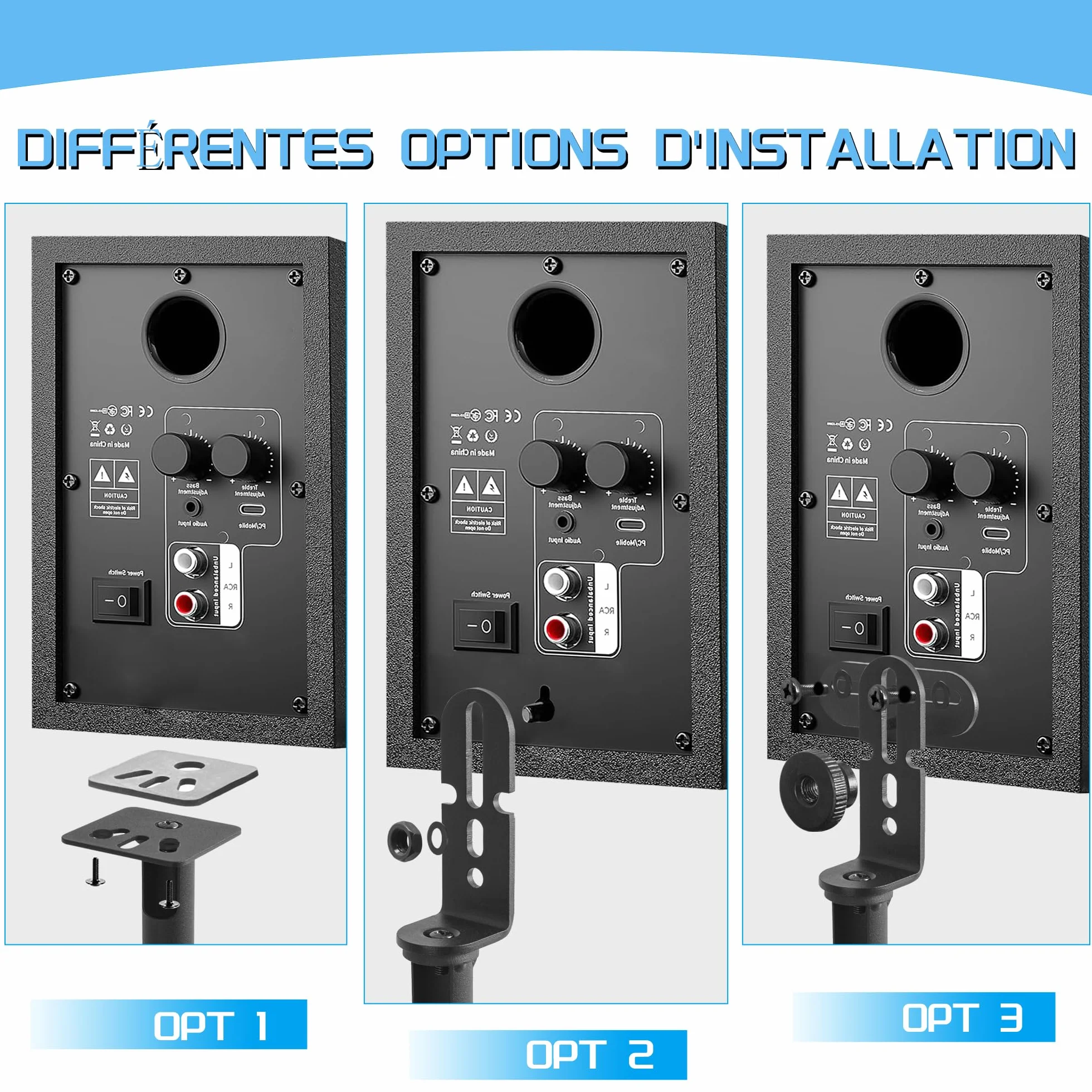 OUUTMEE Supports d'Enceinte Réglable en Hauteur, Pieds d'Enceintes Universel avec Base Triangulaire et Gestion des Câbles
