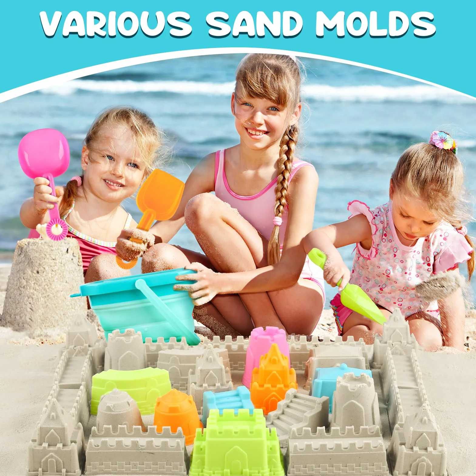 YIMORE Jouet de Plage 28 PCS Jouets de Sable avec Seau Pliable Enfants Bac à Sable