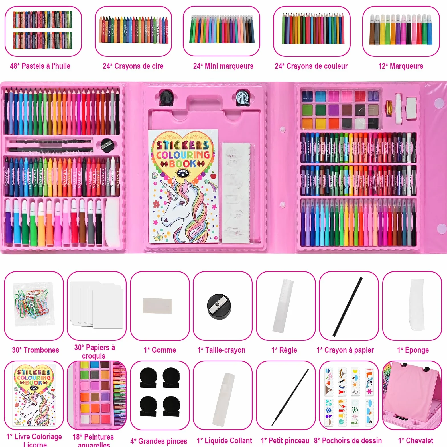 Mallette Dessin Enfant 230 Pièces Kit Coloriage Crayons Couleur Pastels Huile Stylos Aquarelle Cadeau Fille 3-10 Ans