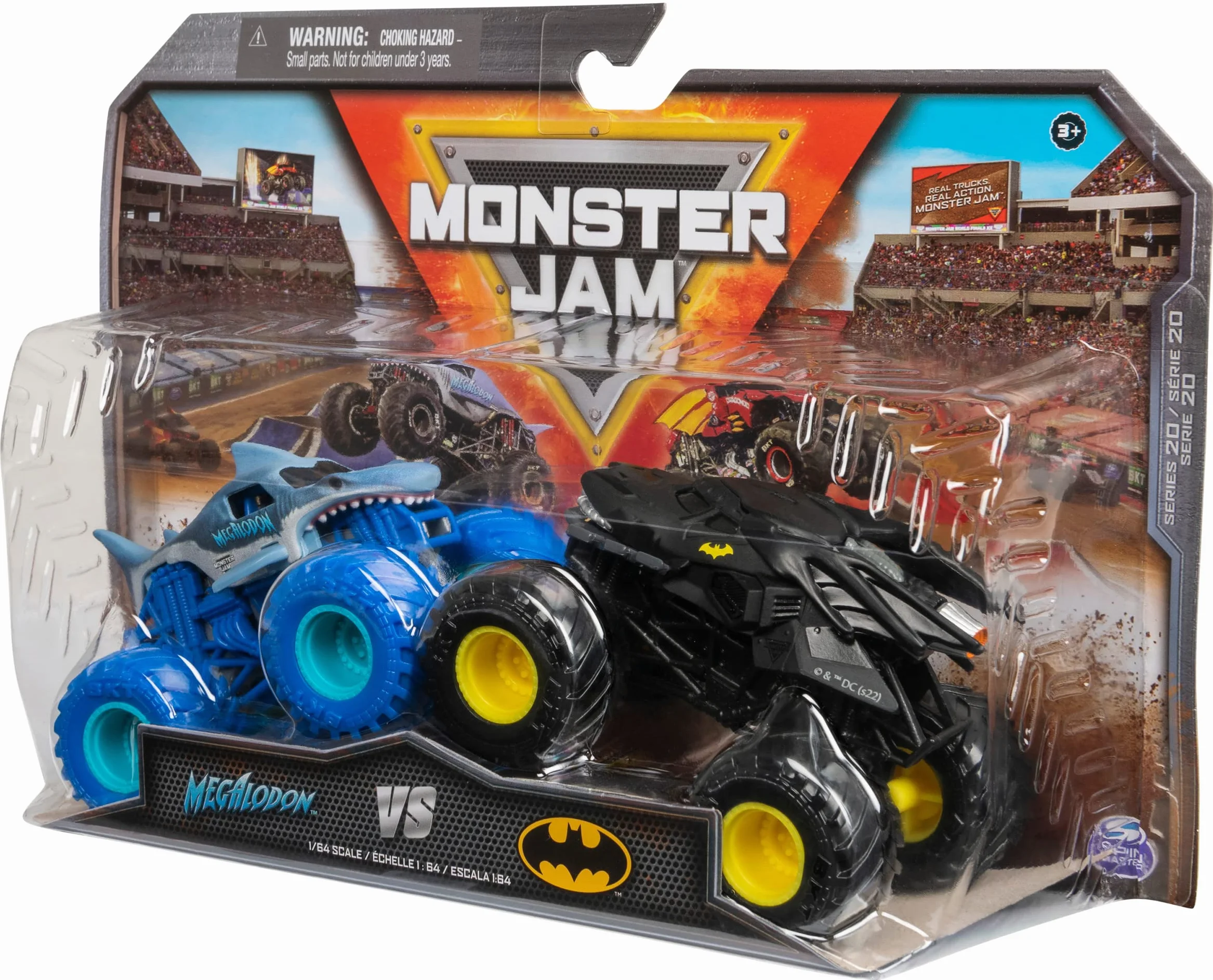 Monster Jam Lot de 2 Originaux Batmobile vs. Megalodon Monster Trucks échelle 1:64