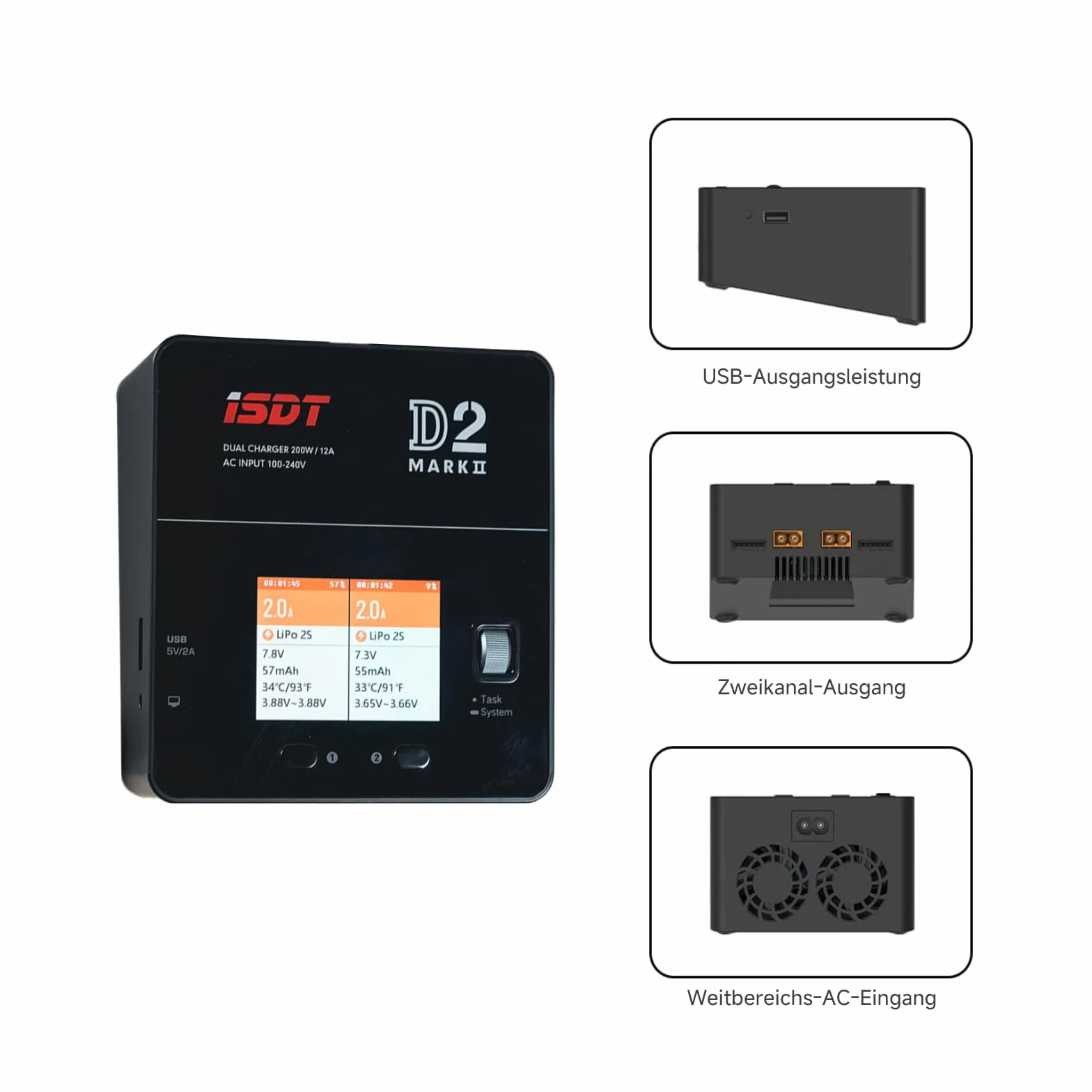 ISDT D2 Mark 2 Lipo chargeur de batterie équilibreur déchargeur, AC double canal 200W chargeur intelligent pour LiHv/LiPo/Life/Lilon (1-6S) NiMH/CD(1-16S) Pb(1-12S) batteries