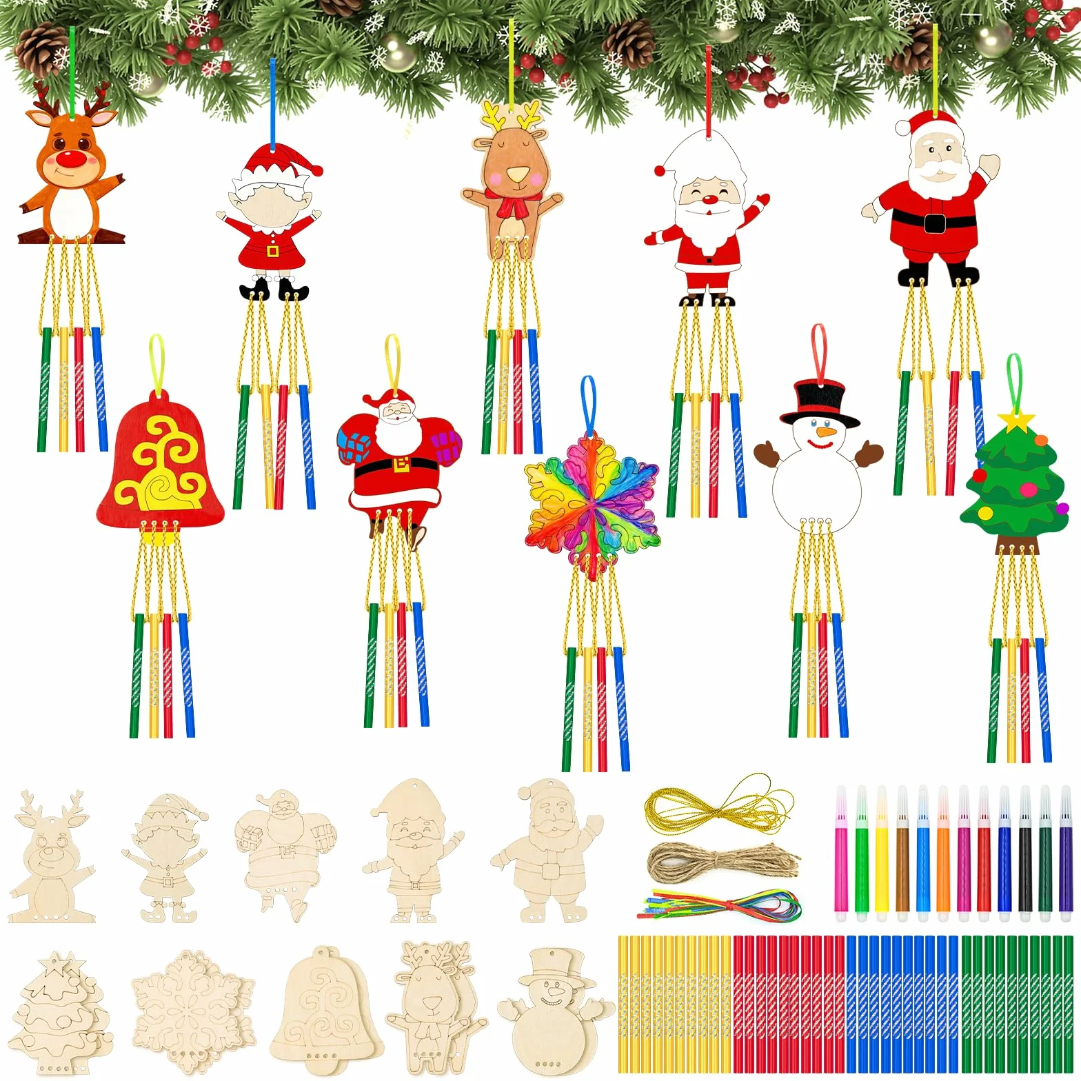 Carillons éoliens en Bois Noël Mispudin 15 Pcs Kit Fabrication, Carillon À Fabriquer Et Peindre
