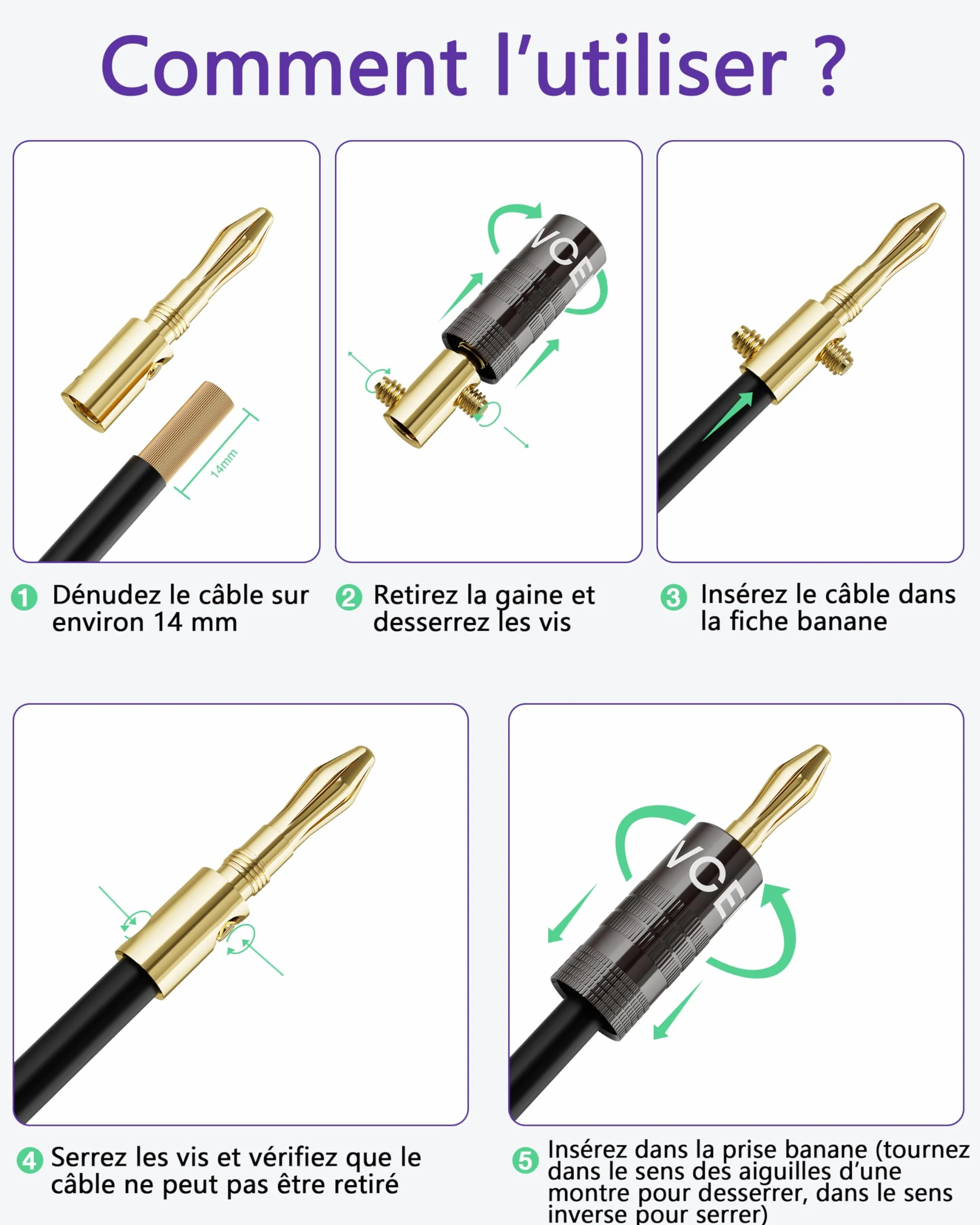 VCELINK Fiches Banane Plaquées Or 24K Double Vis pour HiFi Haut-Parleur Amplificateur 2 Paires