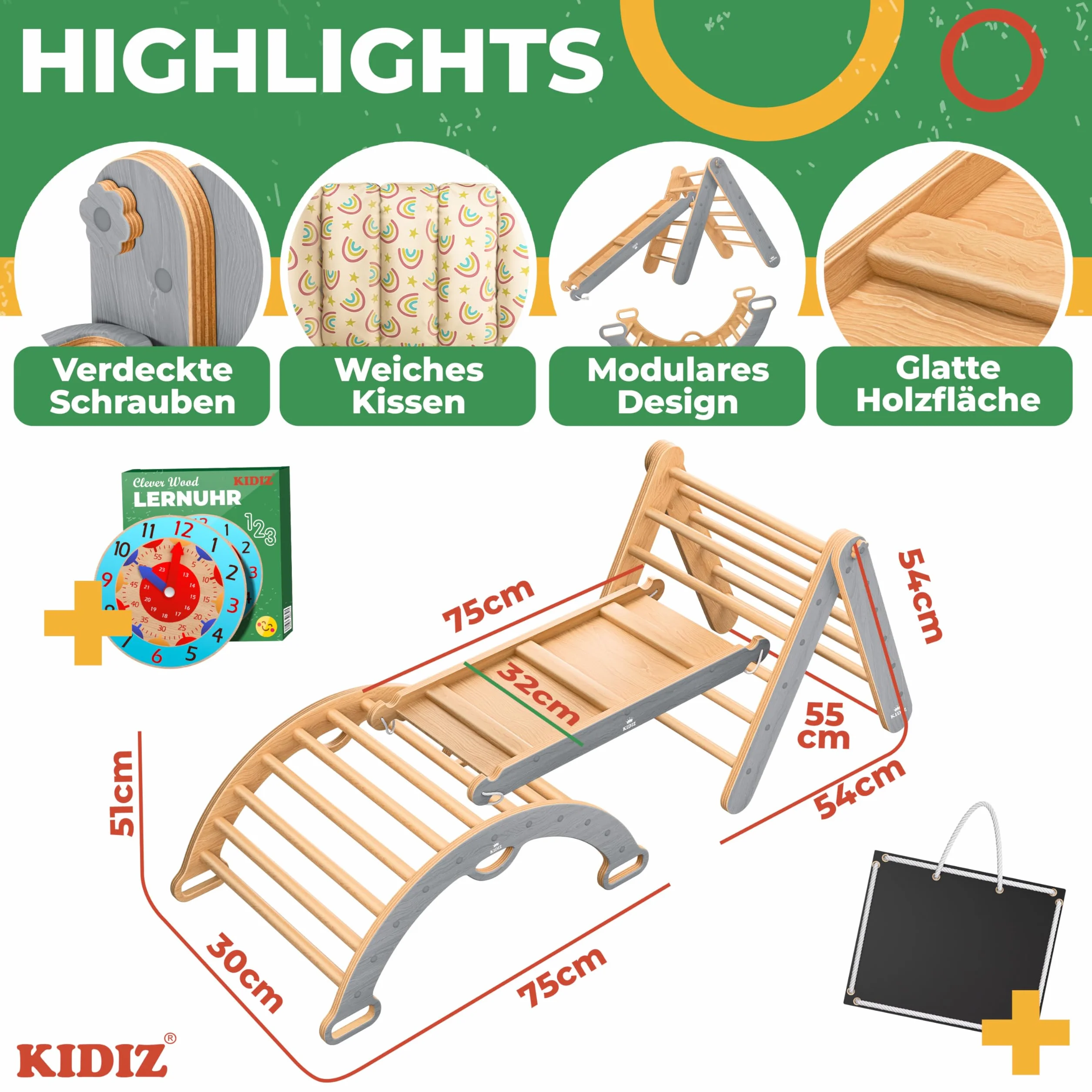 Kidiz Ensemble de jeu Montessori 7en1 avec structure d'escalade, toboggan, triangle d'escalade en bois | Aire de jeux intérieure