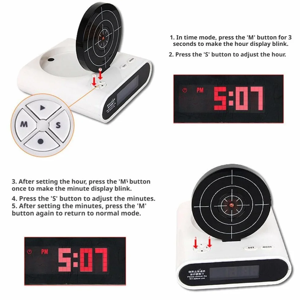 Réveil cible avec tir de pistolet, affichage LED, gadget interactif pour maison et bureau