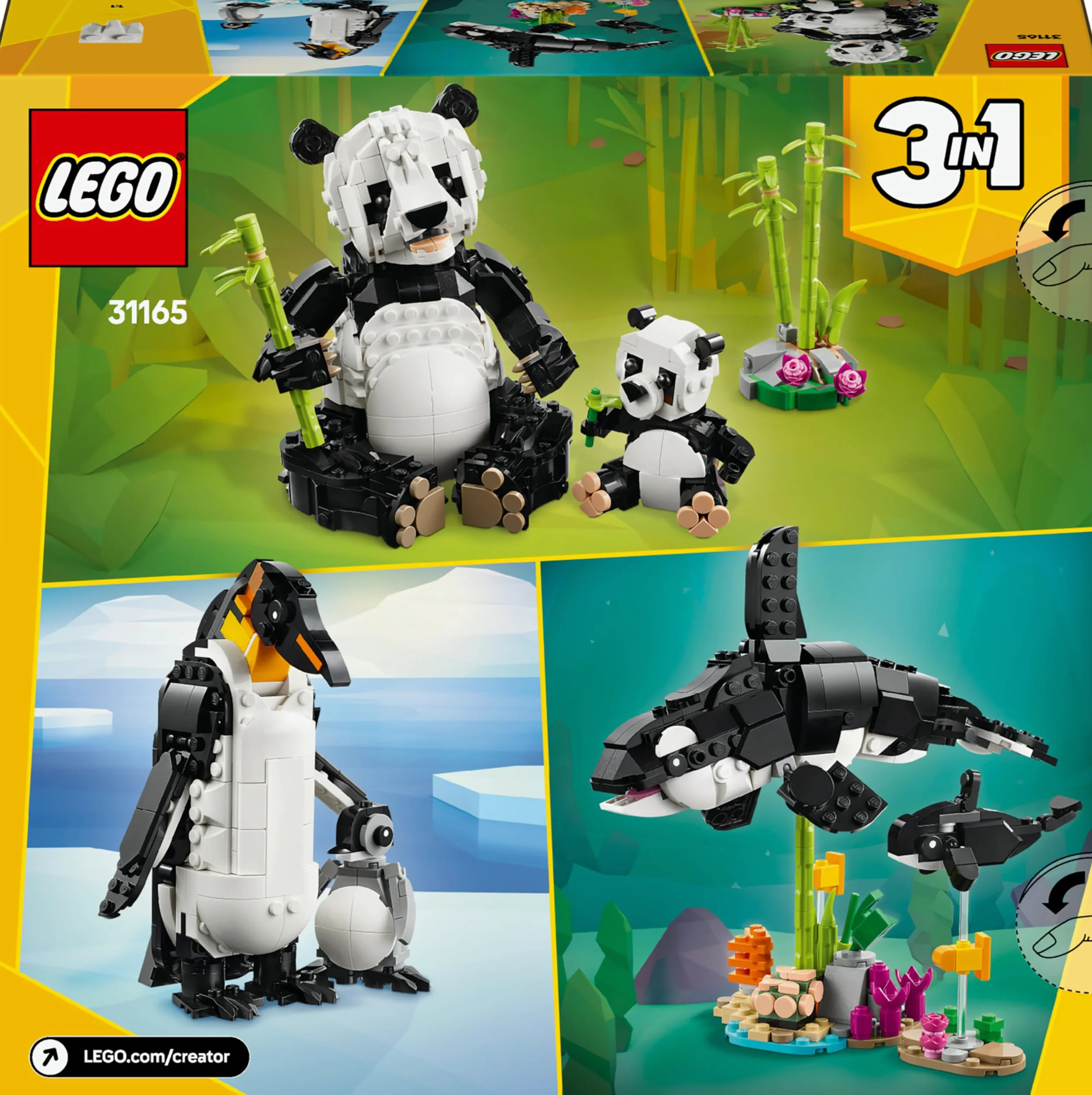 LEGO Creator 3-en-1 Animaux Sauvages Famille Pandas Jouet Construction Transformant Figurines Manchots Orques Cadeau 8 Ans 31165