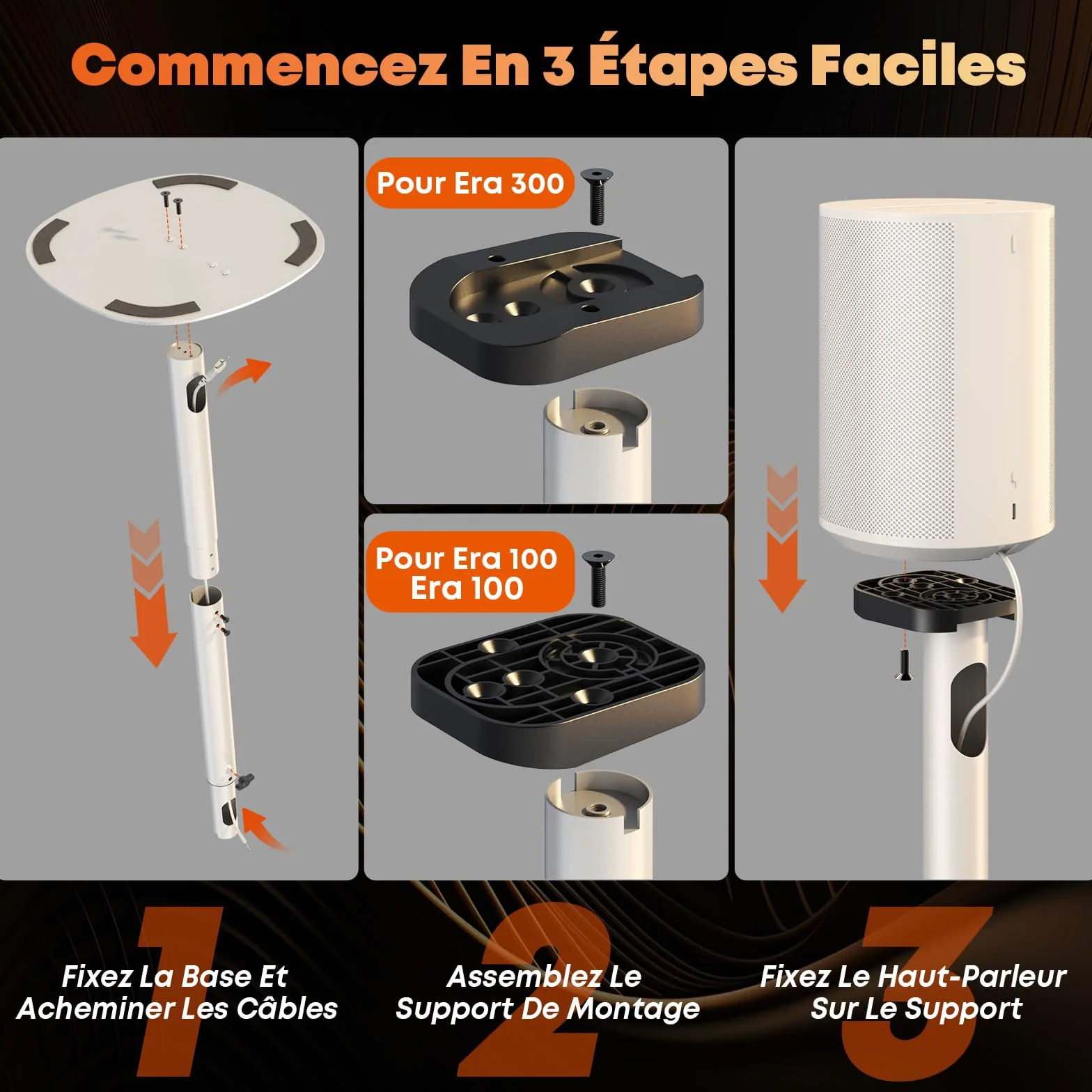 Supports pour Haut-parleurs Sonos Era 100 SL, Era 100 et Era 300 - Hauteur réglable, Supports de Sol 74–99 cm, 5 kg, 1 Paire, Blanc