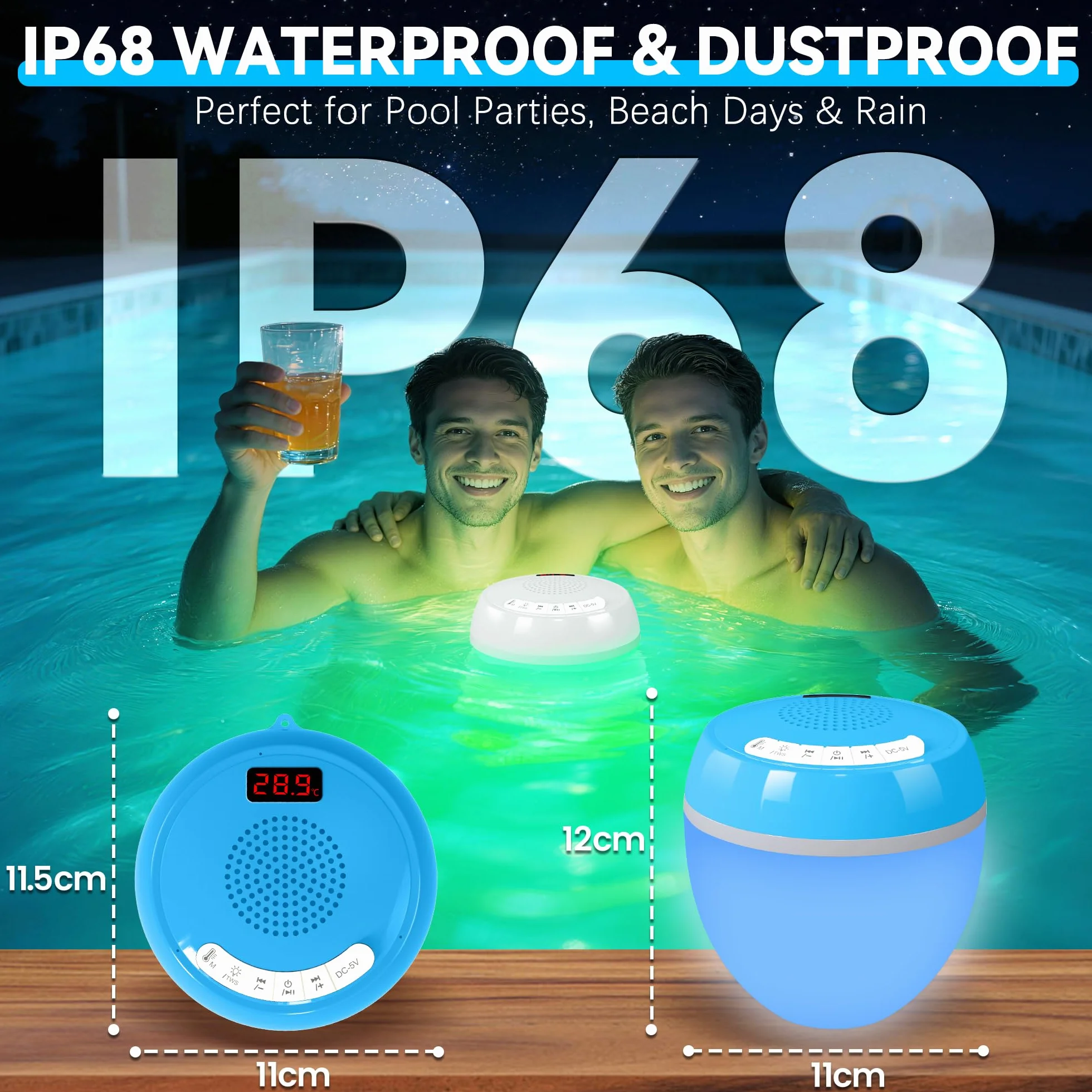 AearKing 3 en 1 Enceinte Bluetooth Piscine Flottante IP68 Étanche avec Thermomètre Numérique et Lumière, TWS Stéréo