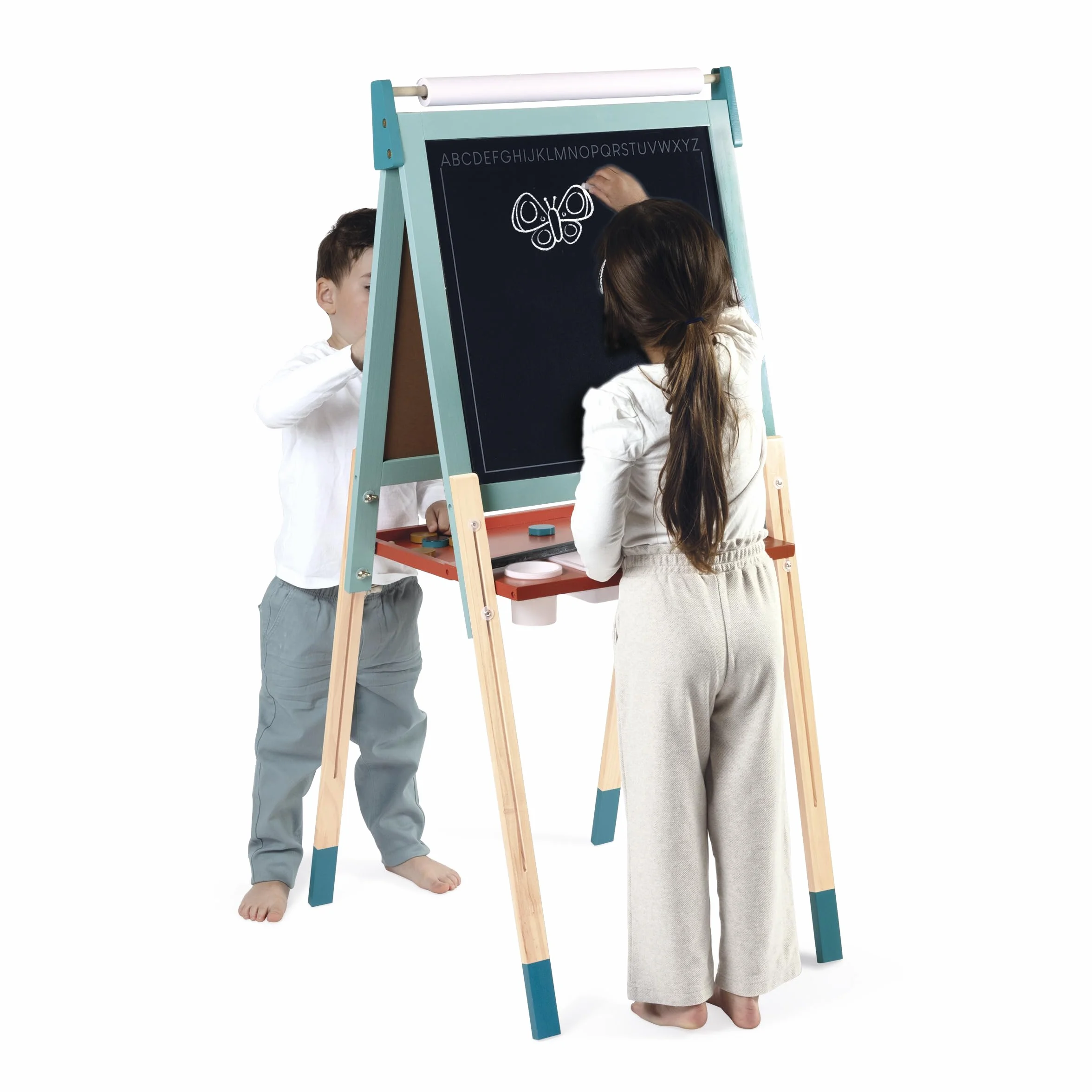 Janod Tableau Chevalet Double Face en Bois Réglable en Hauteur Ardoise Blanche Magnétique + Craie + Rouleau Papier 23 Accessoires Dès 3 Ans
