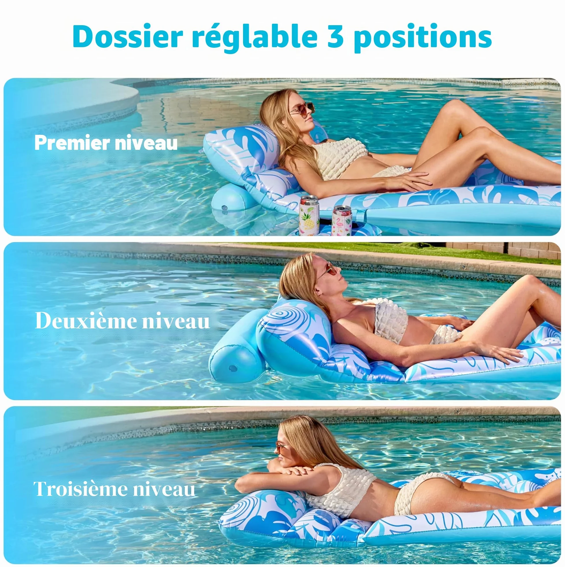 SLOOSH Matelas Gonflable pour Adultes, Transat de Piscine avec Dossier Réglable et Porte-Gobelets, Bouée Flottante pour Bronzage