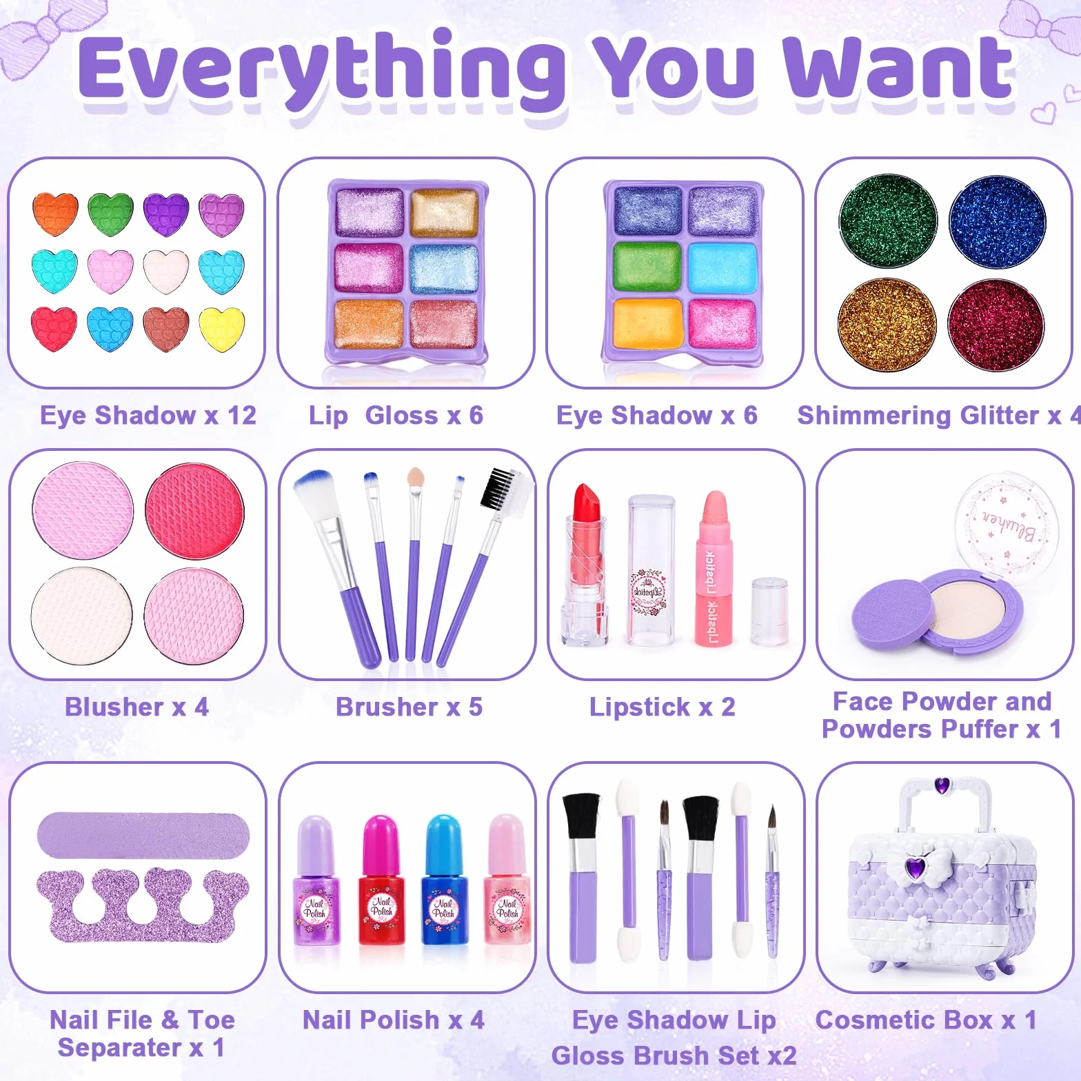 Chennyfun 53 Pcs Maquillage Enfant Jouet Filles, Lavable Malette Maquillage Valise Beauté Cadeau Noël Anniversaire 3-7+ Ans