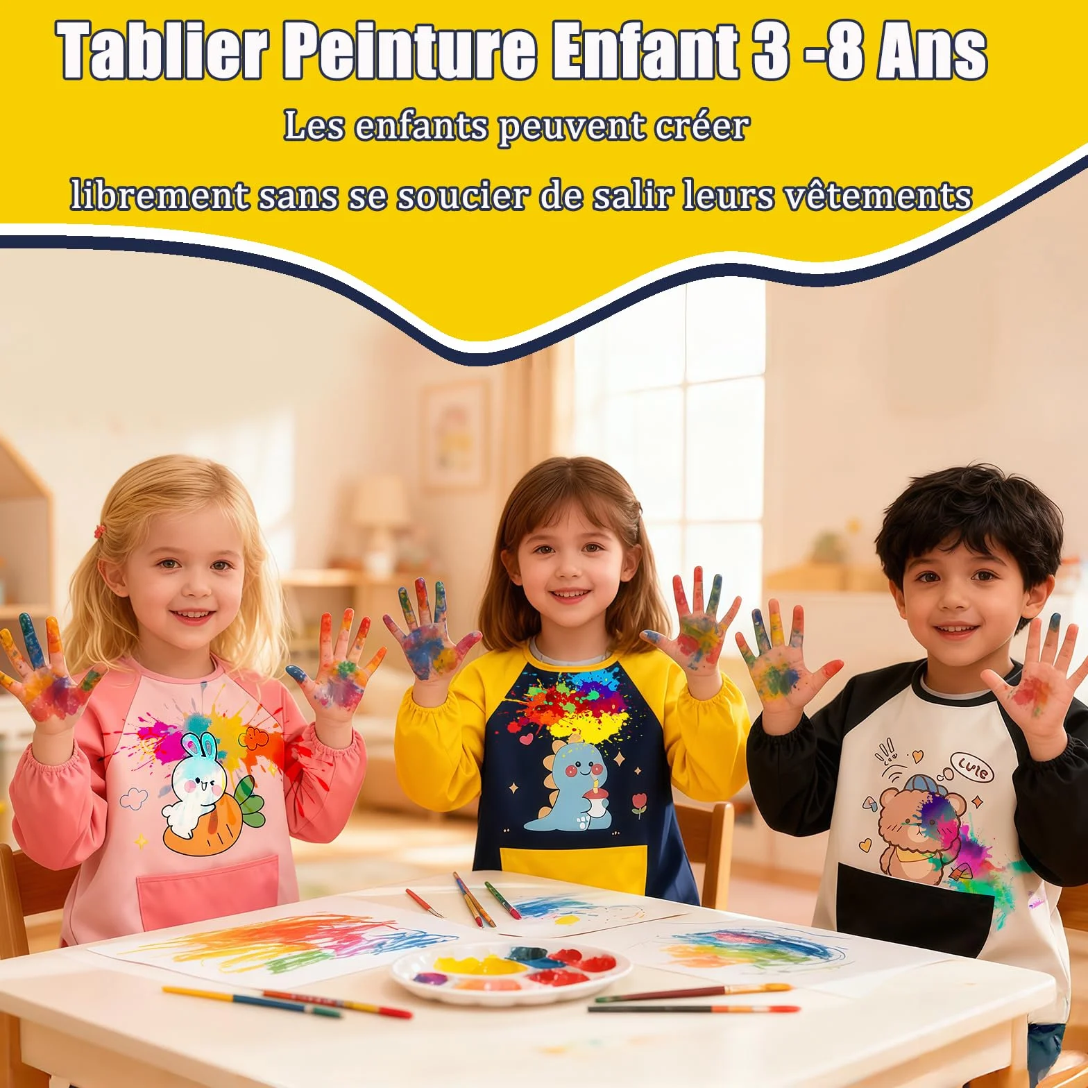 Tablier Peinture Enfant 3-8 Ans Imperméable avec Poches pour École Cuisine Garçon Fille Dinosaure