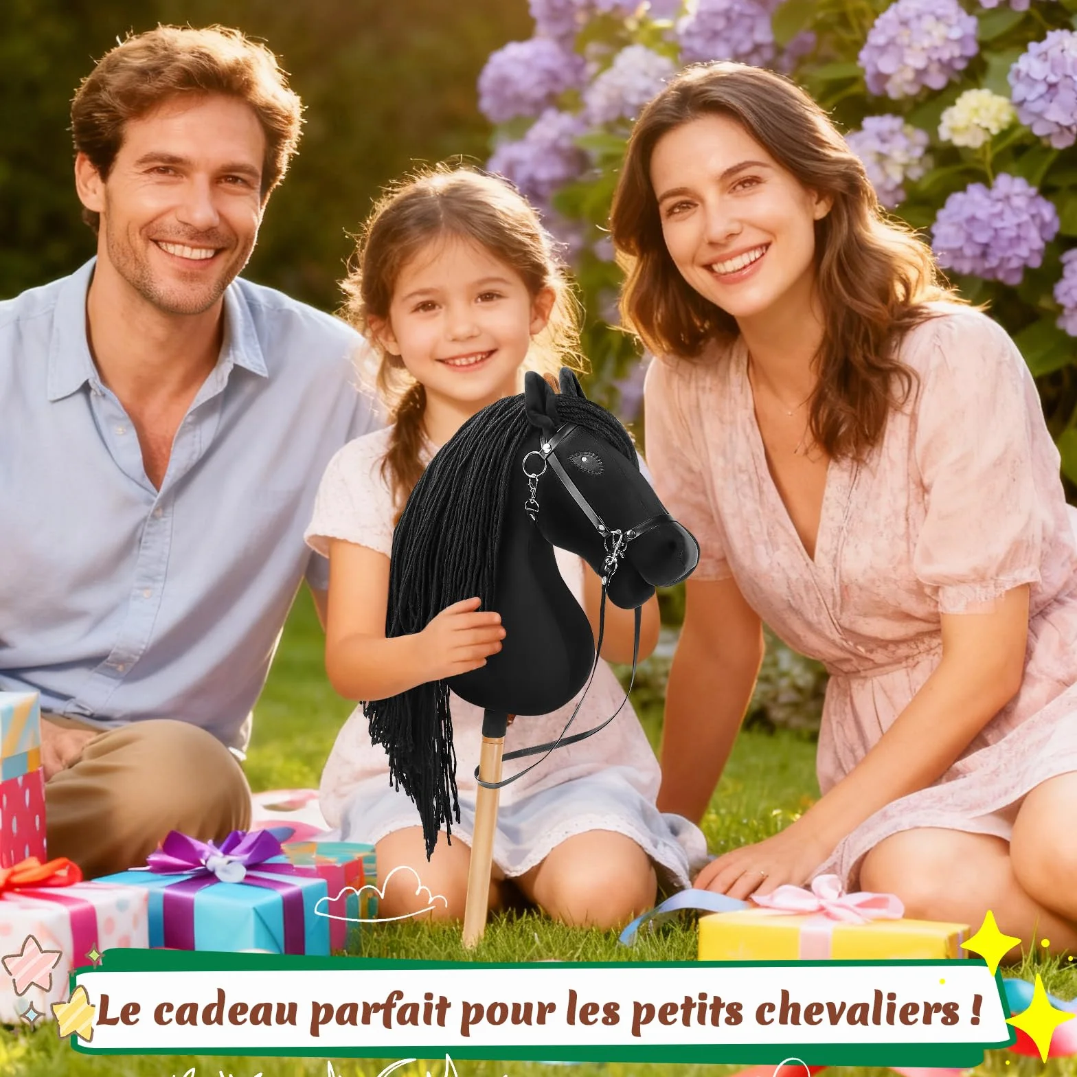 Charmofun Cheval Bâton Enfant, Hobby Horse Tête A3 avec Licol Peluche, Jouet Cheval Fille Garçon Marron