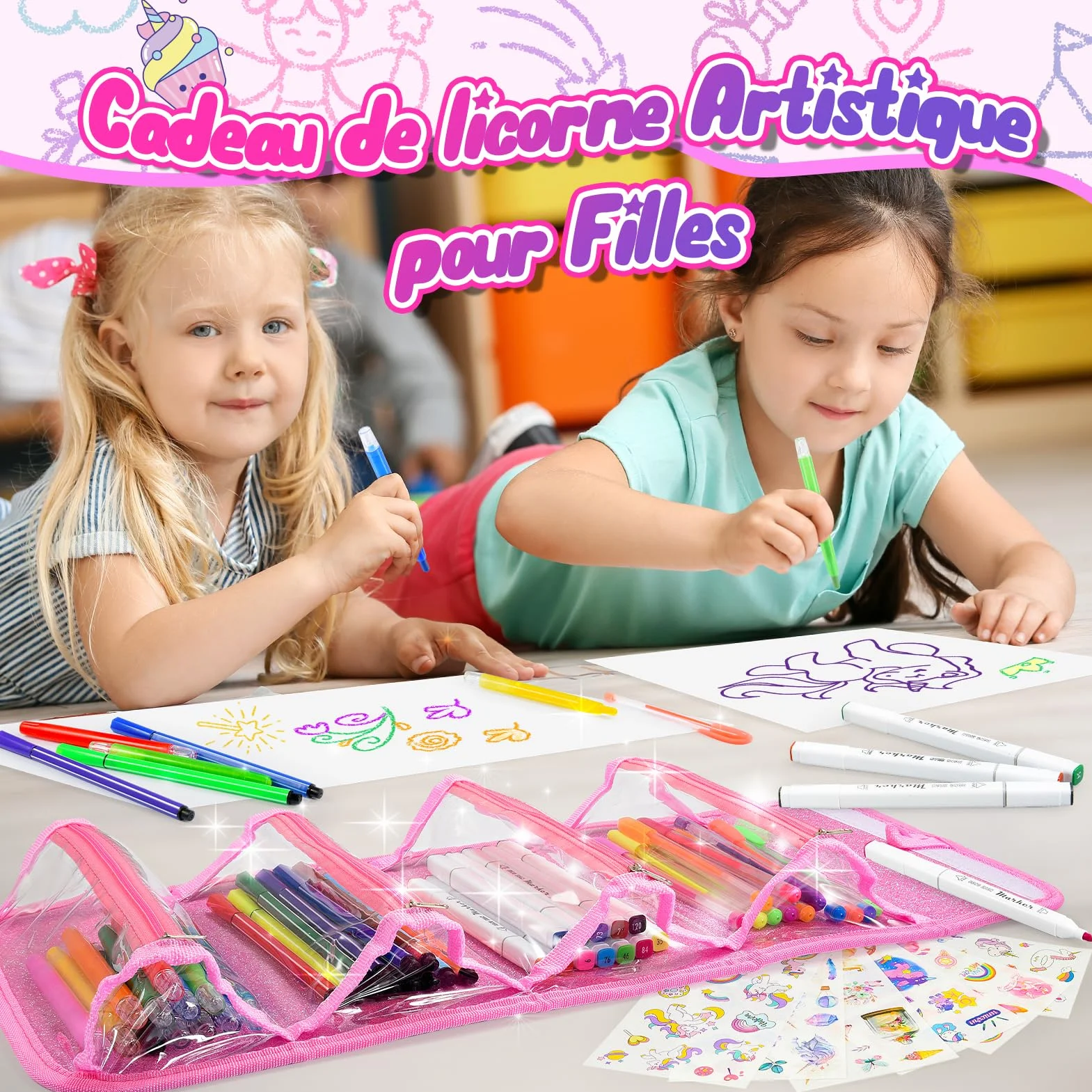 HappyGoLucky Malette Dessin Enfant 48 Pinceaux Autocollants Imperméable Facile Nettoyer Cadeau Fille 3-10 Ans Rose