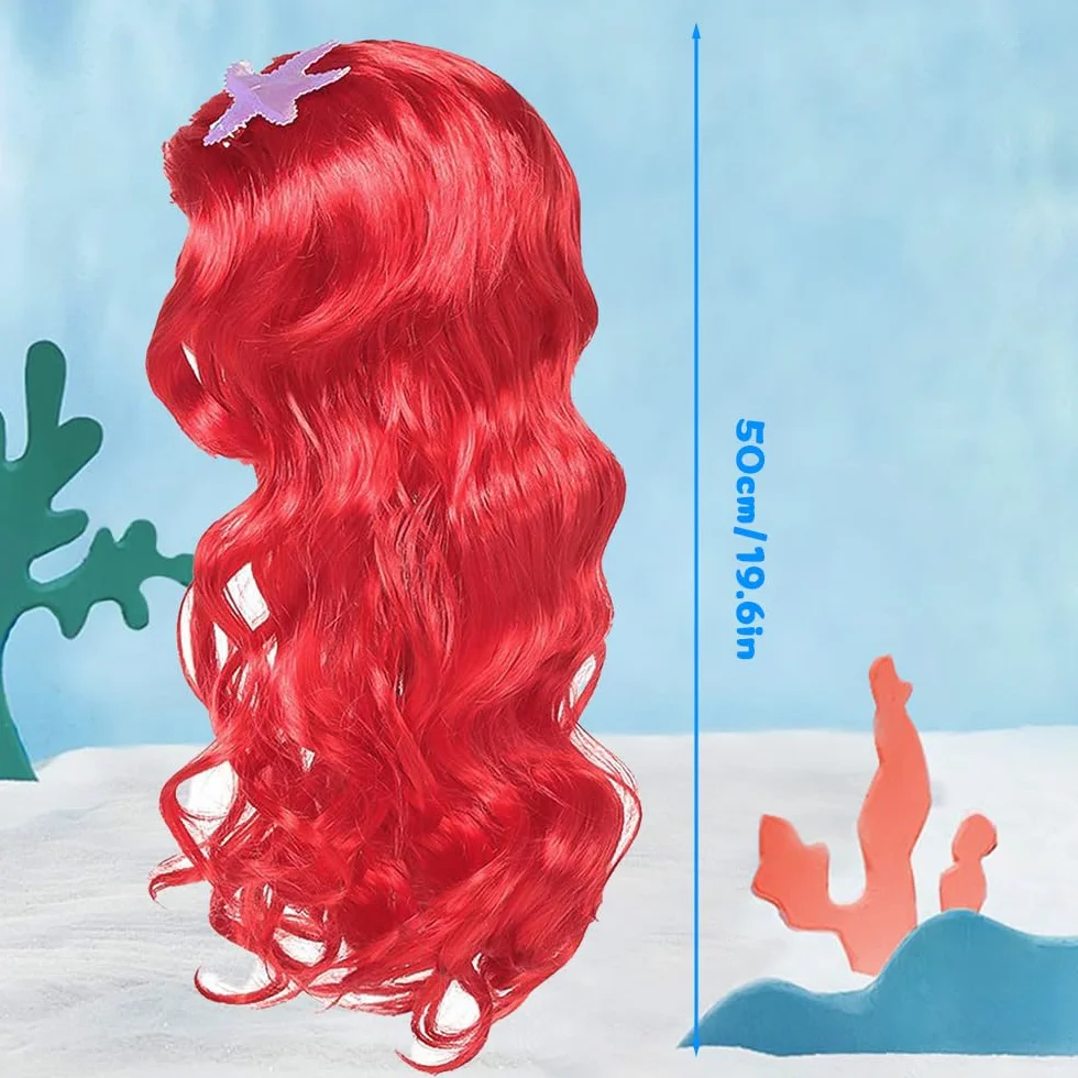 Perruque Sirène Enfant Ariel Rouge Longue Bouclée Costume Carnaval Fête Thème Cosplay
