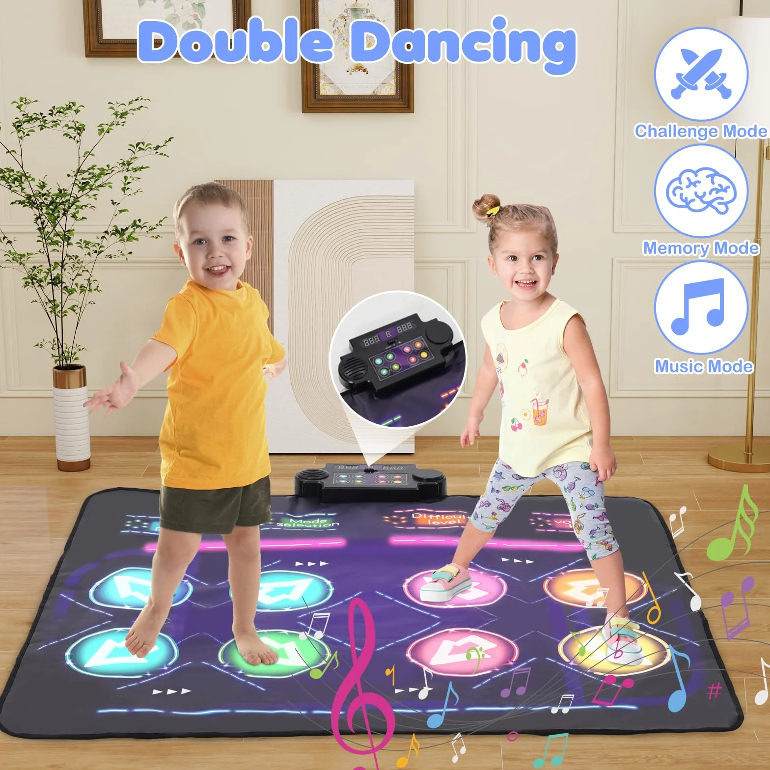 Tapis de Danse Double pour Enfants 8 Flèches LED 4 Modes de Jeu 3-12 Ans Cadeau Noël