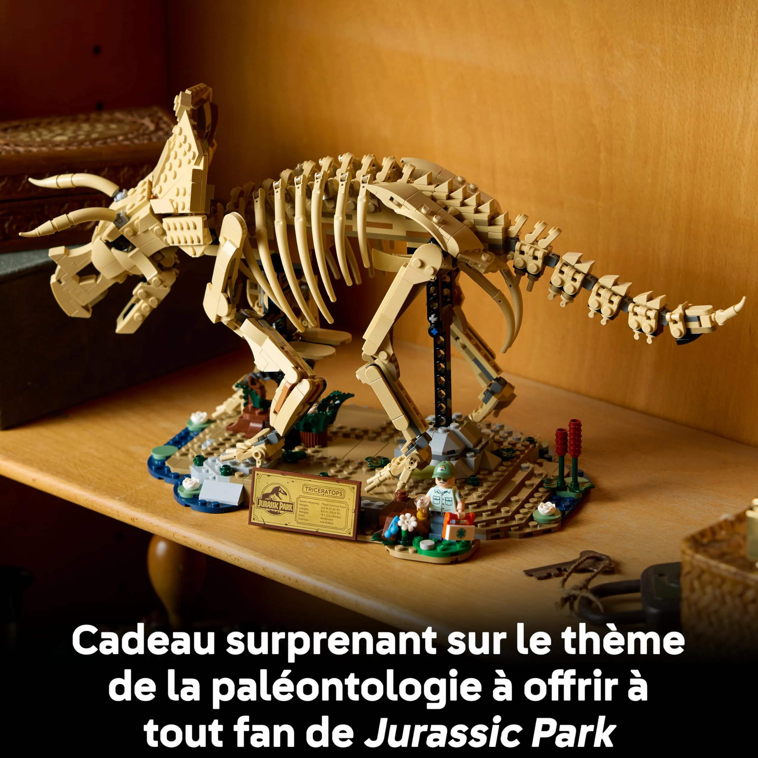 LEGO Jurassic World Les Fossiles de Dinosaure : Le Tricératops Maquette pour Adulte Minifigurine Dr Gerry Harding 77985
