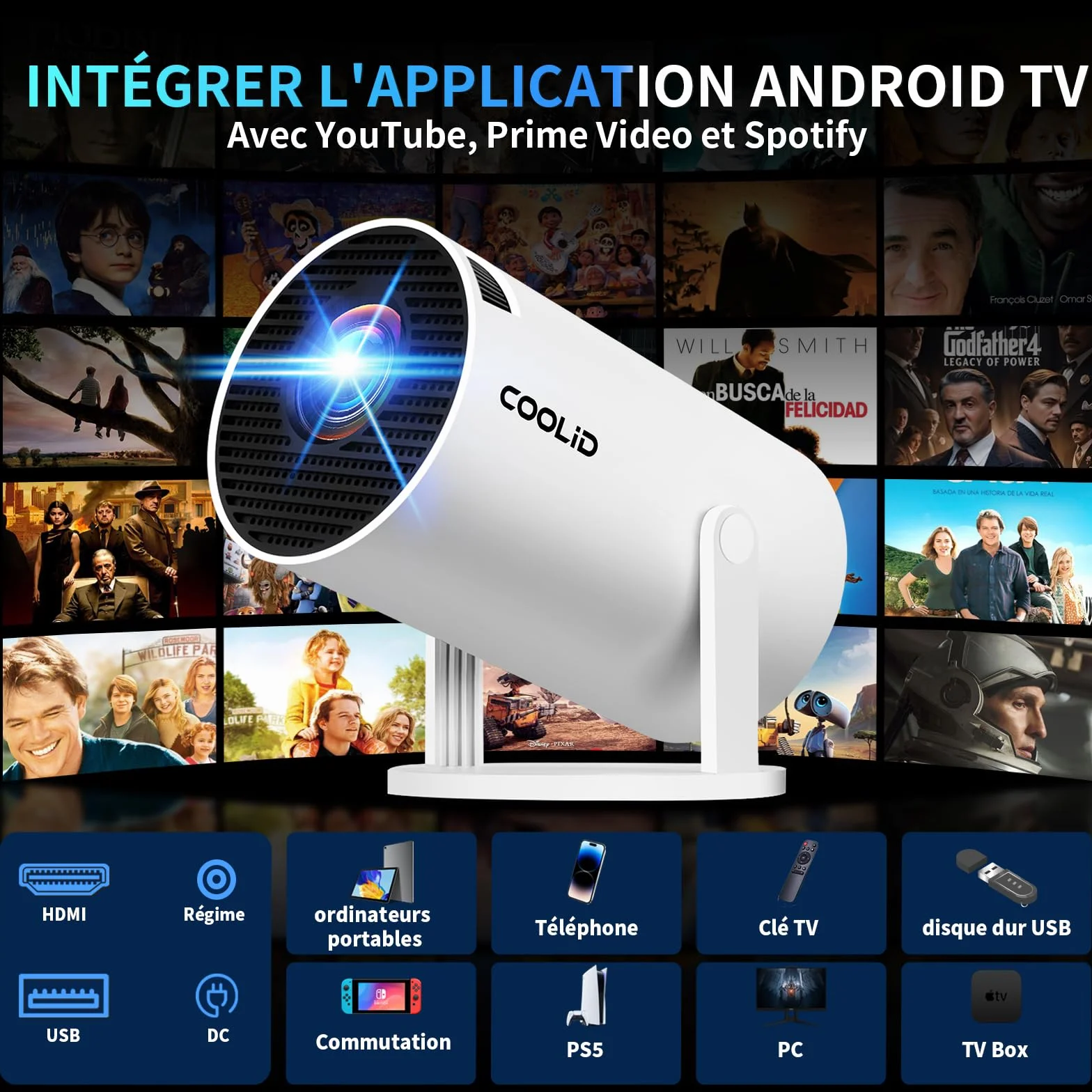 Mini Vidéoprojecteur 4K 1080P 5G WiFi 6 BT 5.2 Rotation 180° Portable HDMI TV Stick Blanc
