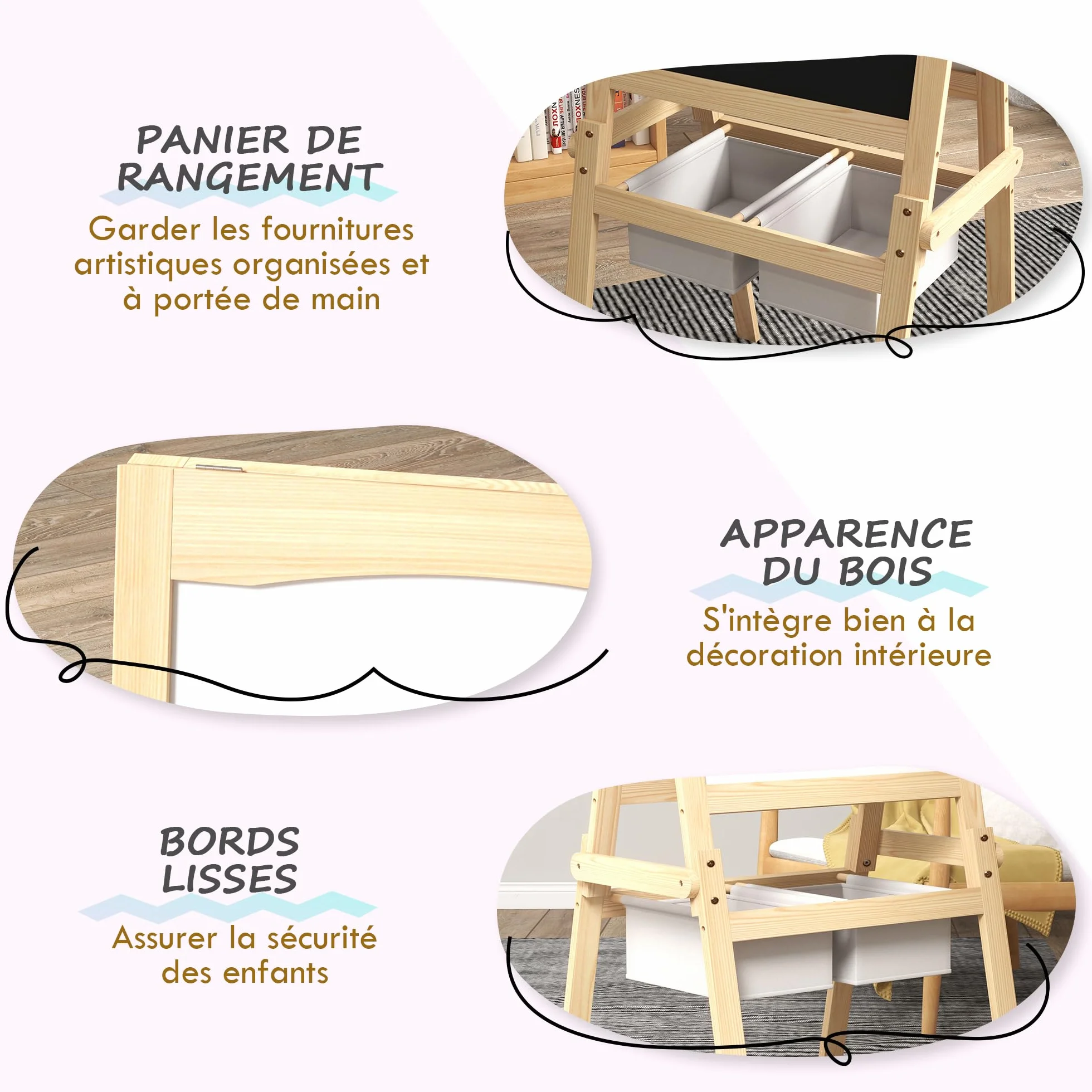 AIYAPLAY Tableau chevalet pour enfants double face bois de pin naturel massif