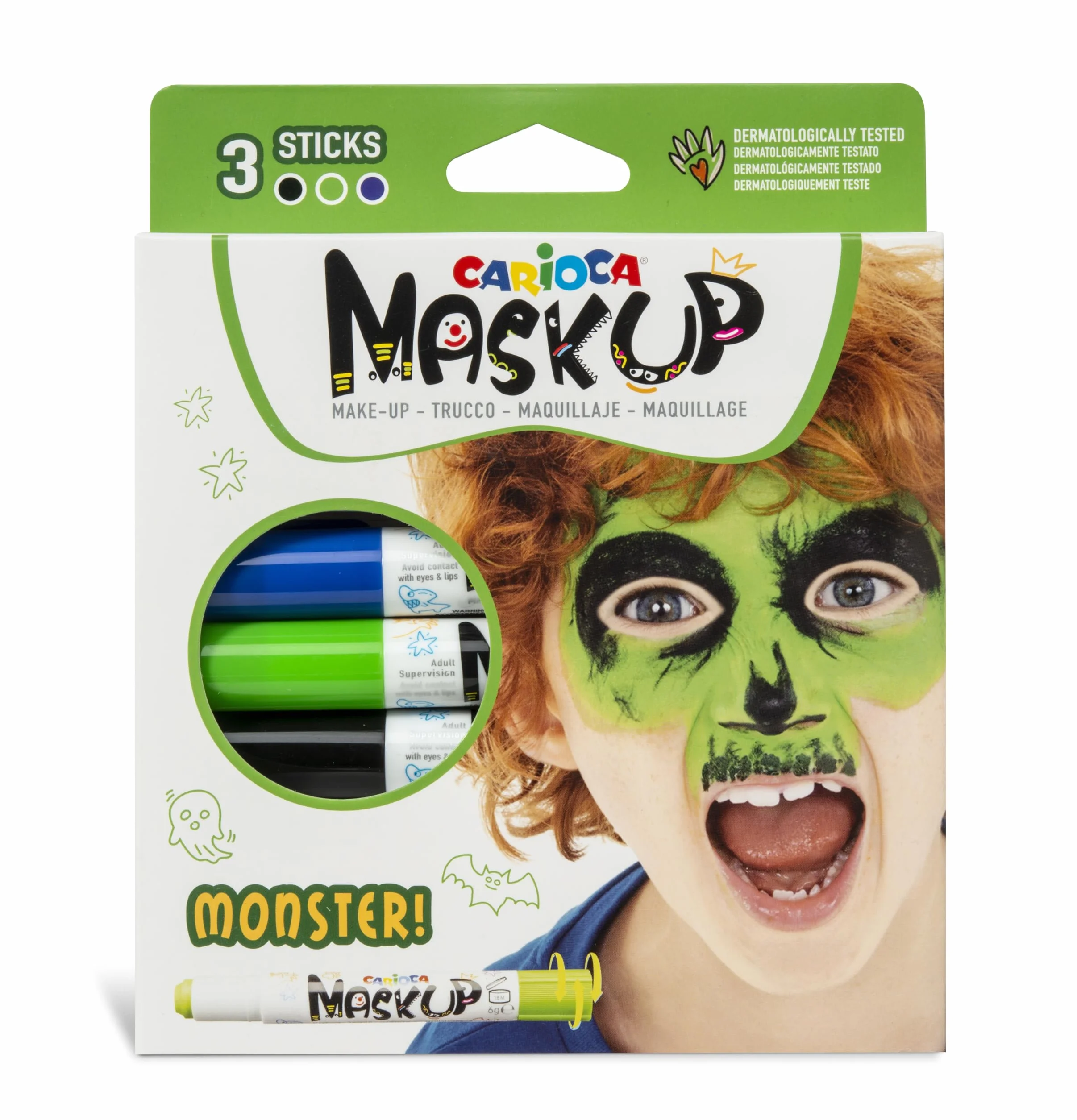 CARIOCA Kit de Peinture du Visage Mask Up Monsters, 3 Couleurs, Maquillage Enfants Halloween Carnaval