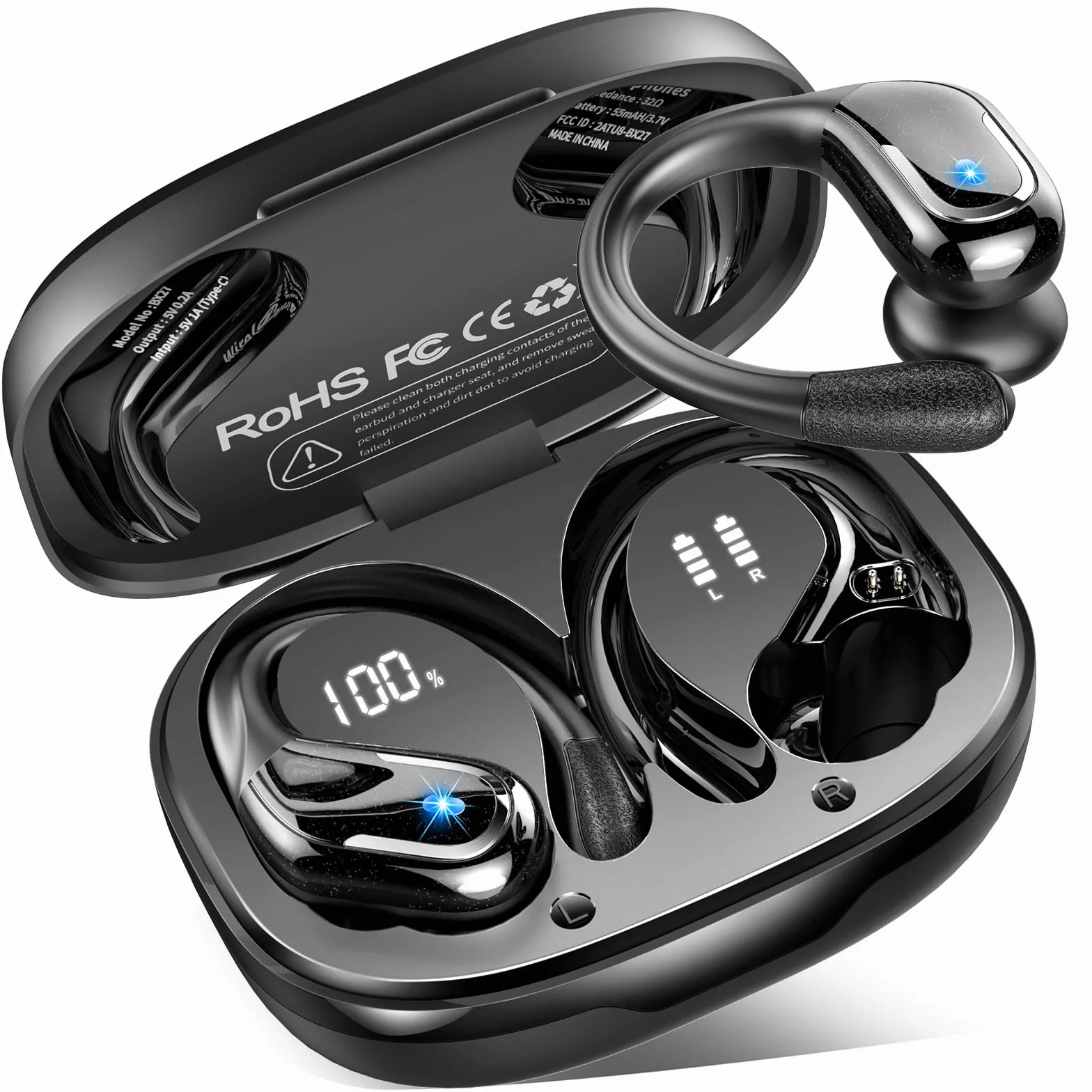 Ecouteurs Bluetooth Sans Fil Sport 5.4, 75Hrs Stéréo HiFi 3D, ENC Réduction de Bruit, IP7, USB-C, Casque Running LED