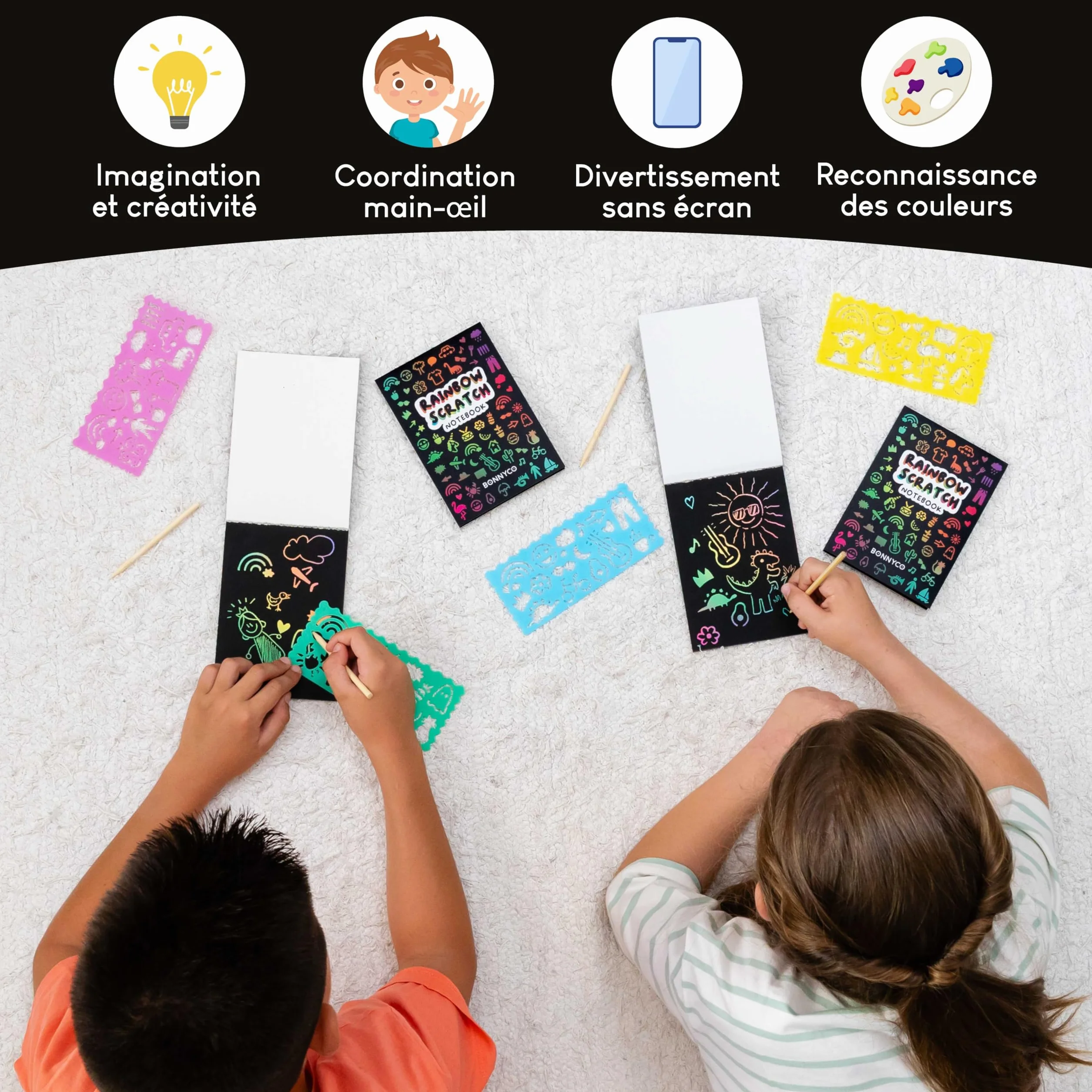BONNYCO Carte a Gratter Enfant 16 Sets avec Carnet, Pochoir et Stylet en Bois