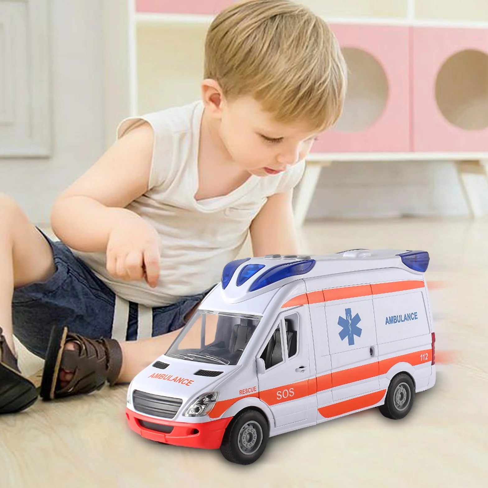 Jouet d'ambulance Pp véhicule de sauvetage d'urgence avec civière panneau arrière ouvrant lumières sons