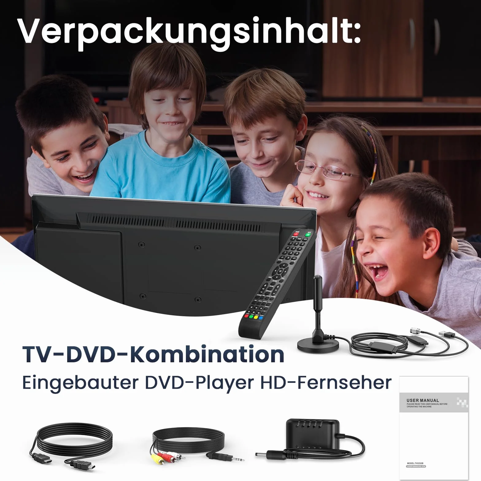 Desobry Mini téléviseur 22 Pouces 1080p Lecteur DVD intégré Tuner DVB-T2 HDMI USB AV Combo TV-DVD 12 V Camping-Car