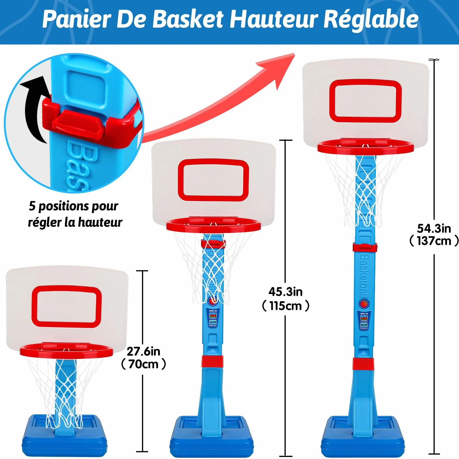 Panier de Basket Enfant Hauteur Réglable 70-138cm avec Ballon et Pompe, Jeu Extérieur Bleu