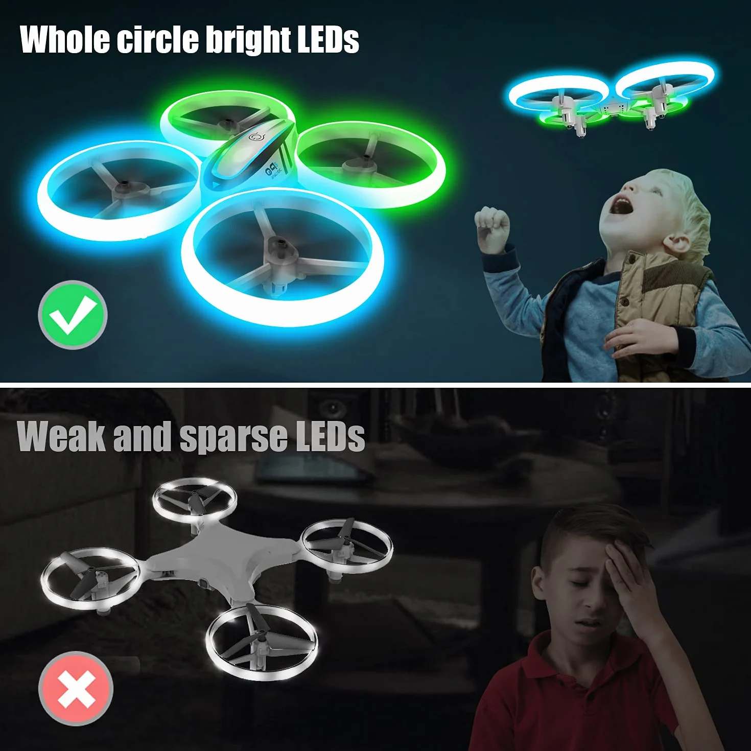 Drone Enfant Hélicoptère Télécommandé avec Lumières Bleues et Vertes, Deux Batteries, RC Quadricoptère Maintien d'Altitude