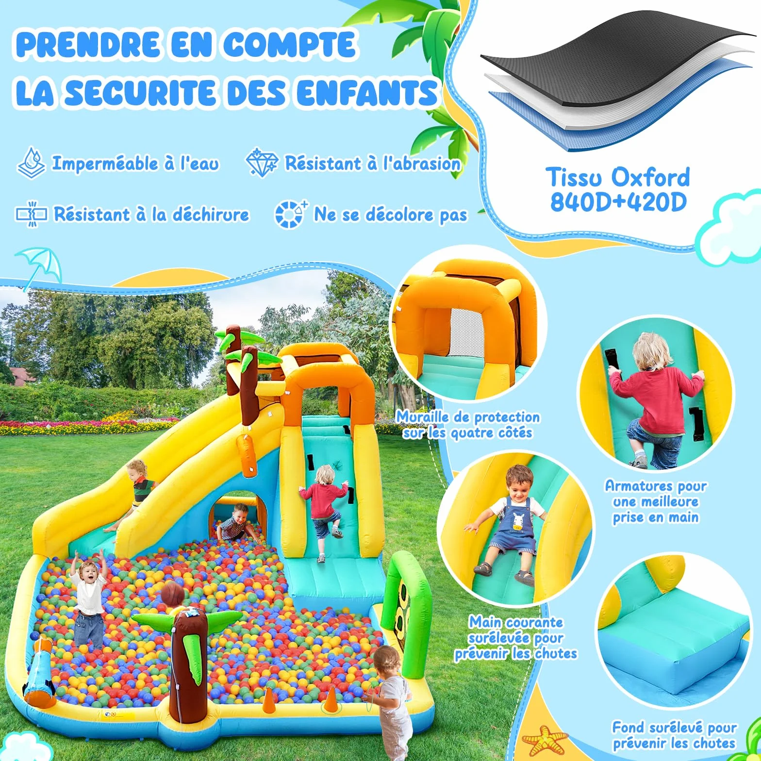 Château Gonflable à Eau 450W 10-en-1 Toboggan Aquatique pour Enfants avec Piscine et Glissade
